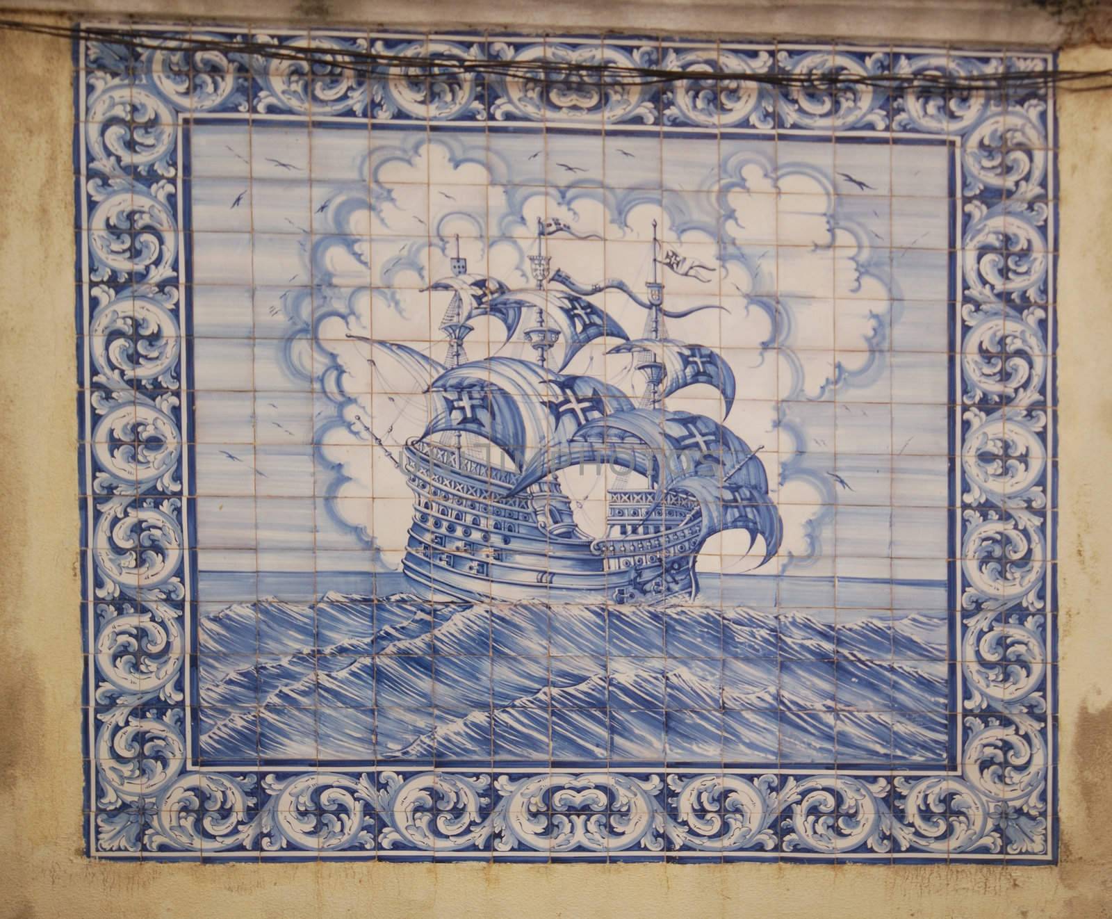 old windjammer picture on blue portuguese tiles