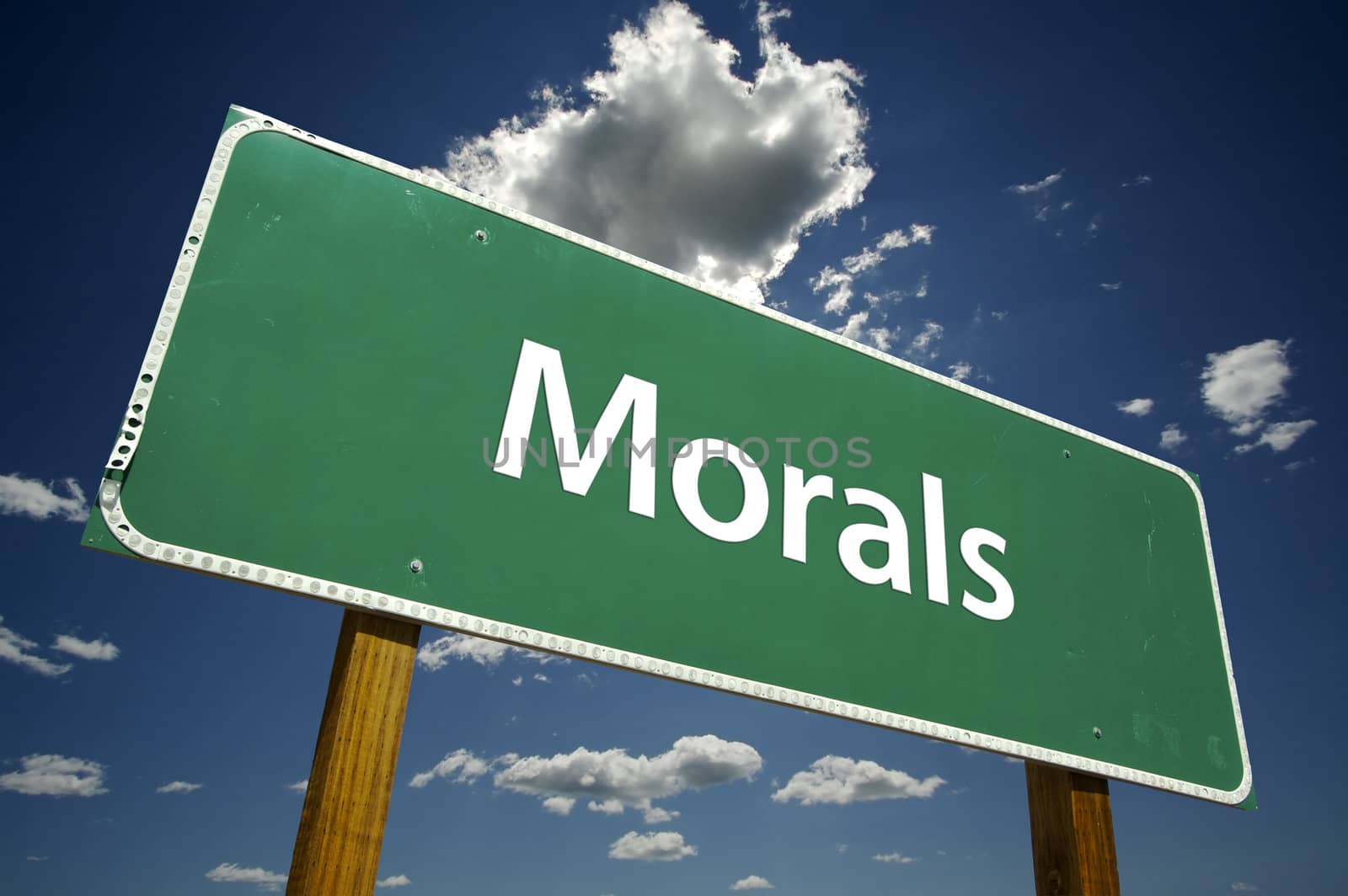Morals Road Sign with Dramatic Clouds and Sky.