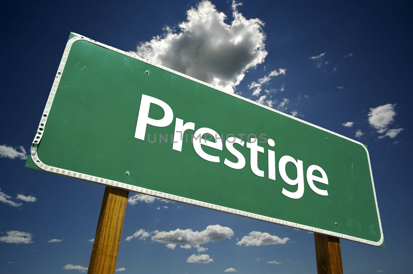 Prestige Road Sign with Dramatic Clouds and Sky.