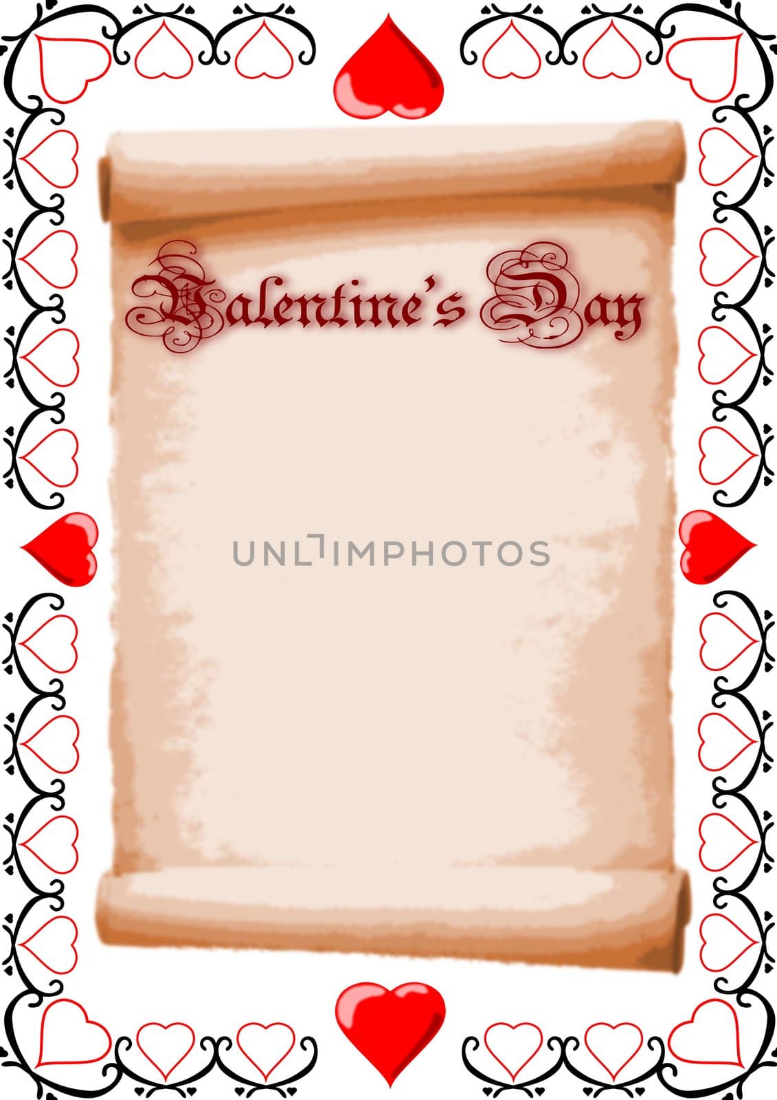 A blank Valentine�s List scroll framed by hearts