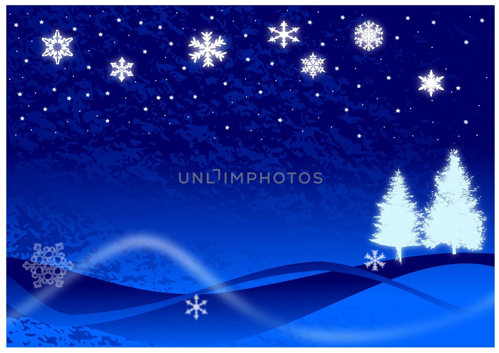 Christmas illustration of glowing snowflakes, Christmas trees, and stars with abstract snow drifts and blowing snow on blue.