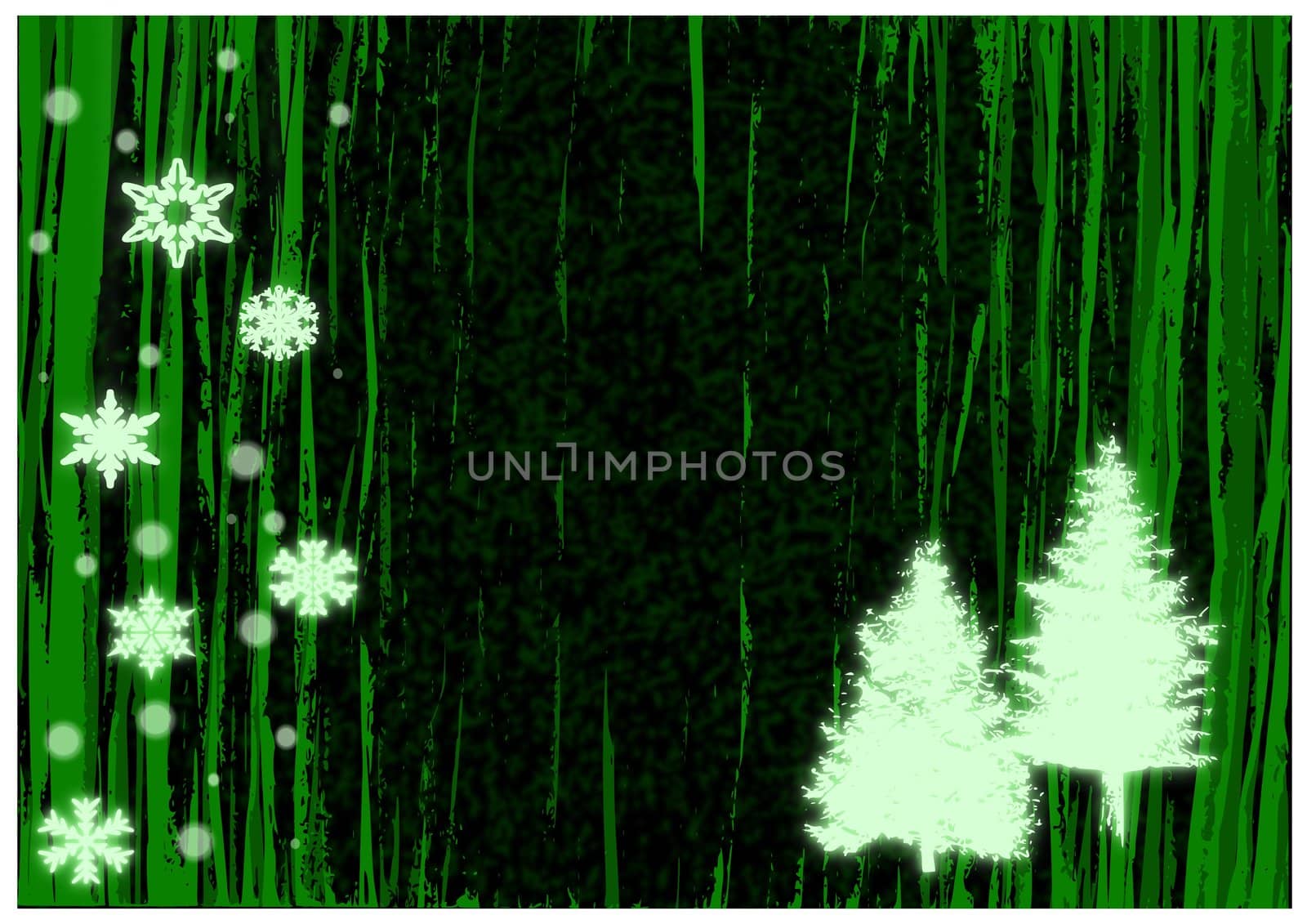 Christmas illustration of glowing green snowflakes and trees.
