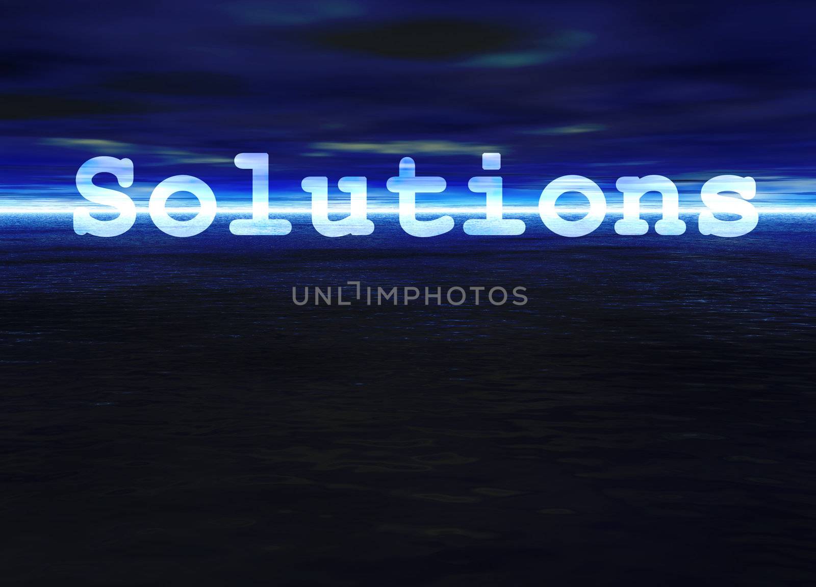 Solutions Text on Stunning Blue Bright Ocean Sea Horizon at Night