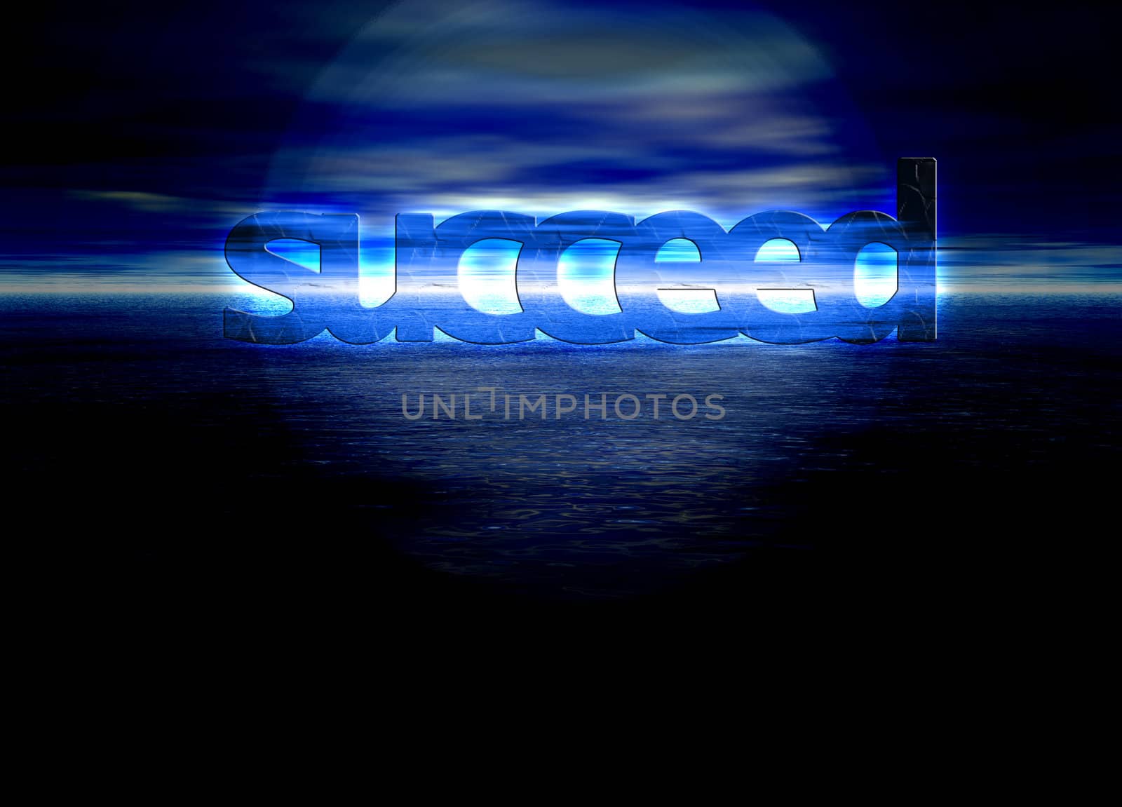 Succeed Text on Stunning Blue Bright Ocean Sea Horizon at Night