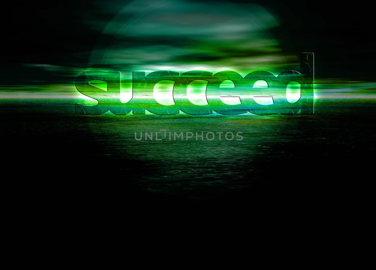 Succeed Text on Stunning Green Bright Ocean Sea Horizon at Night