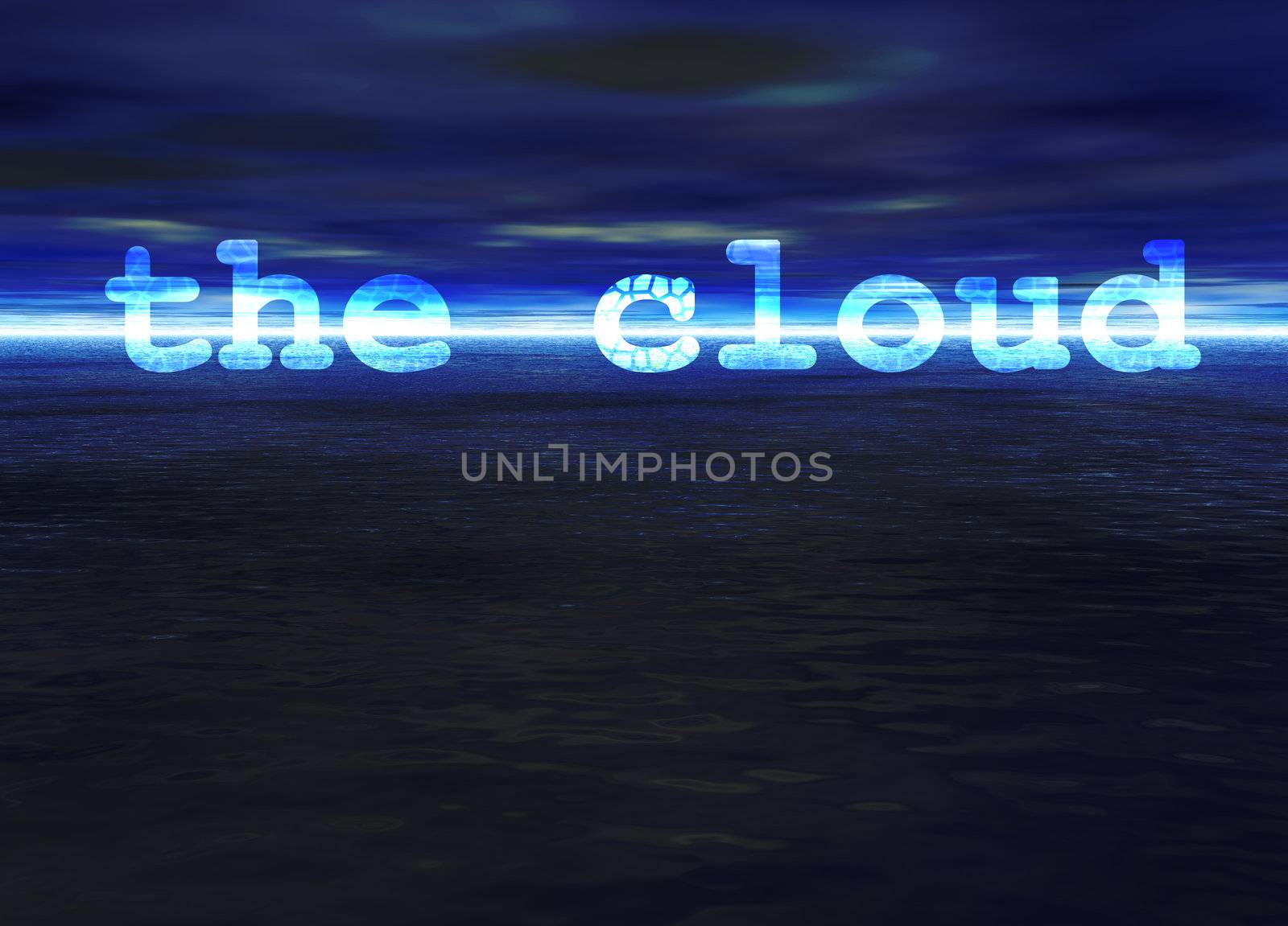 The Cloud Text on Stunning Blue Bright Ocean Sea Horizon at Night