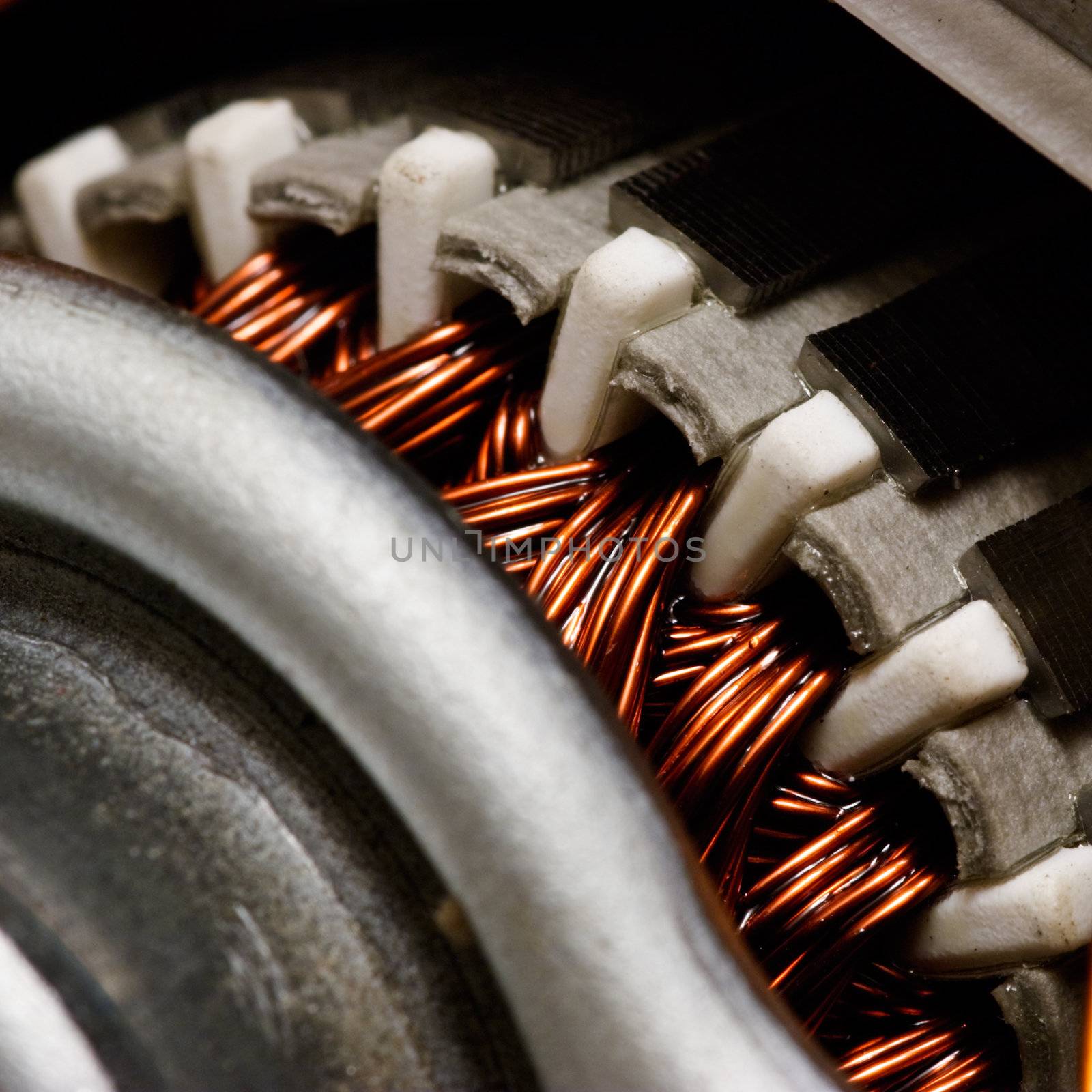 Electric motor rotor close-up, selective focus