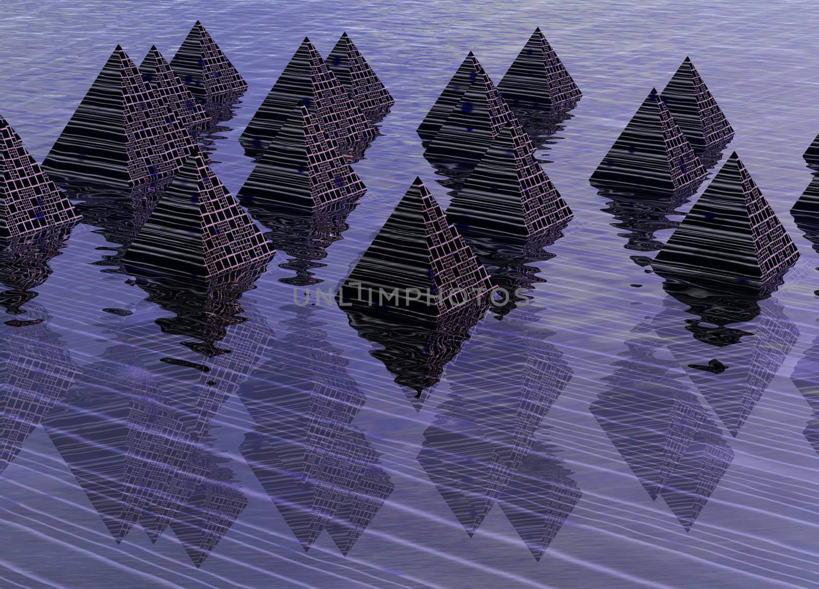 Digital Effect Pyramids with Reflections on Water 3d Rendered Illustration