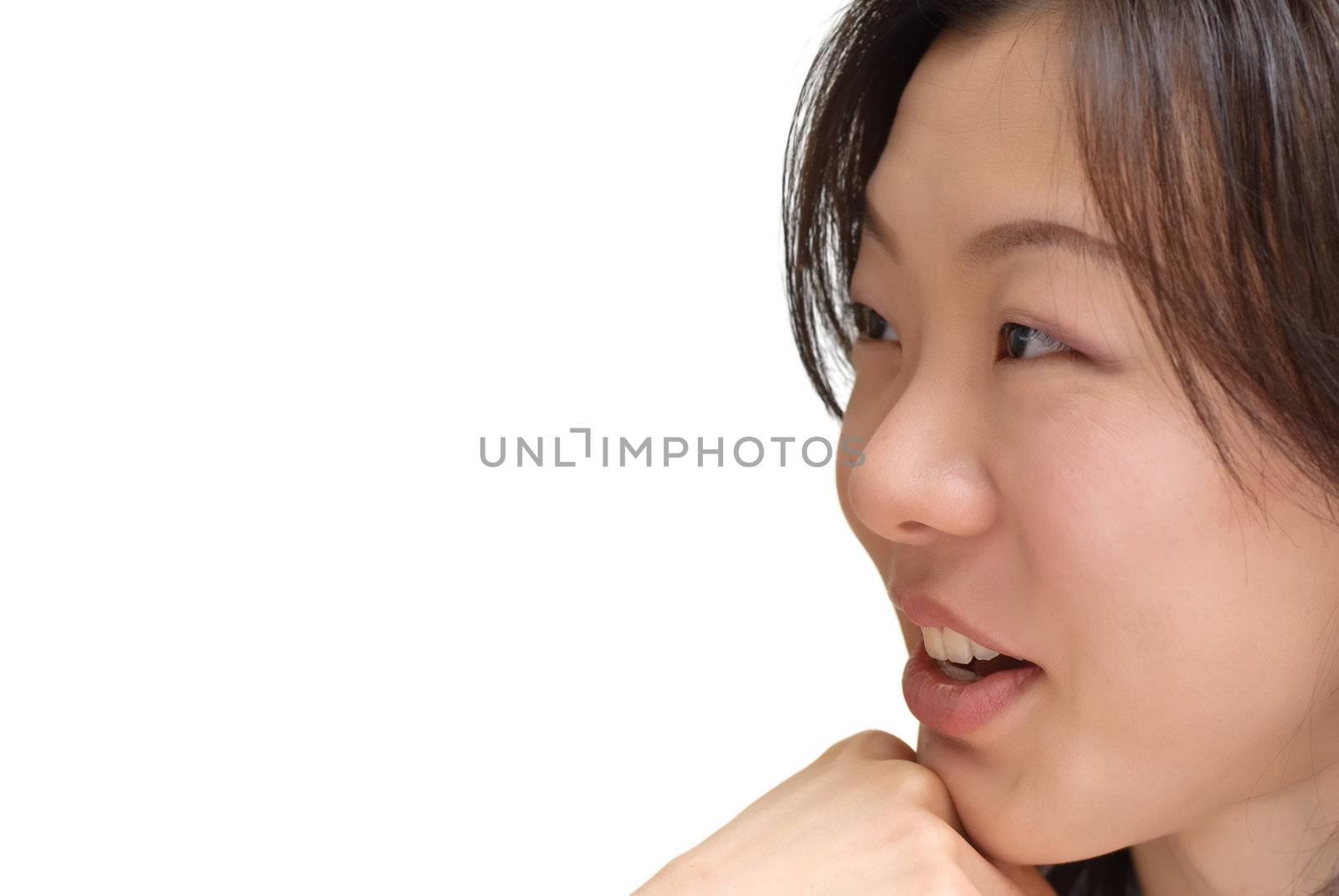 Portrait of Asian beauty with smile face and expression on white background.
