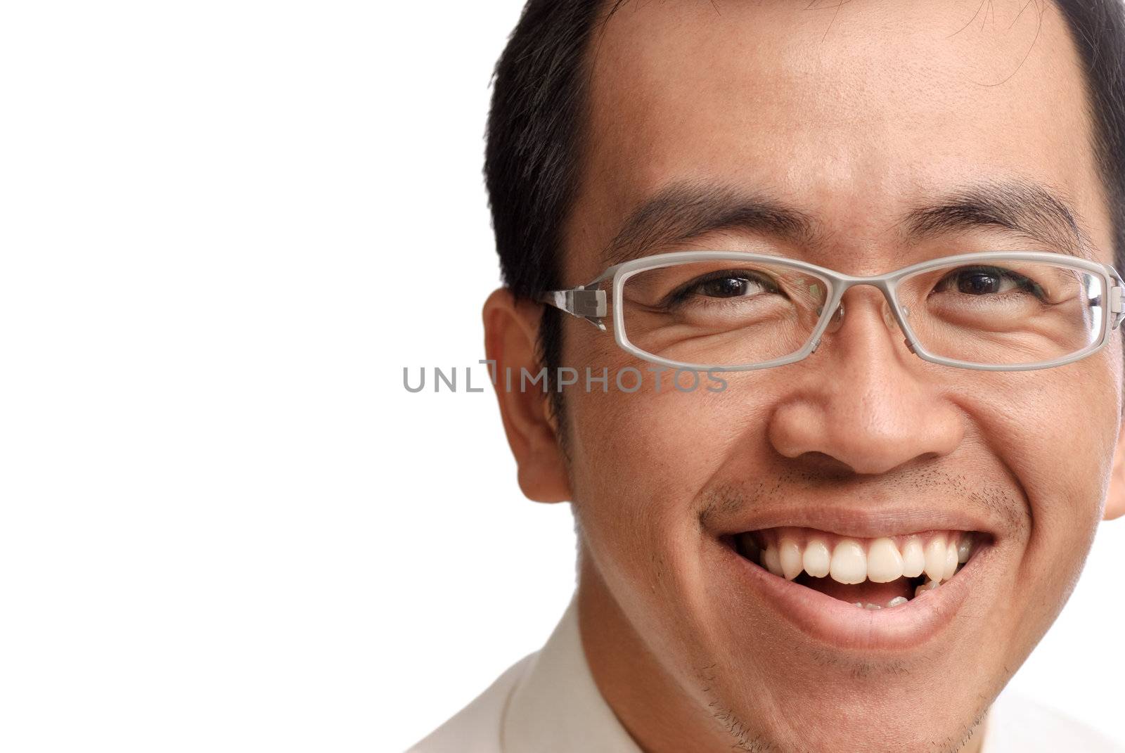 Smile businessman of Asian on white background, closeup portrait.