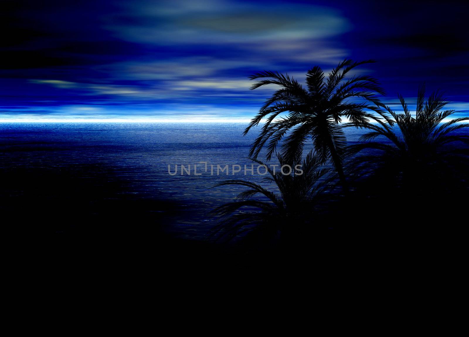 Blue Seascape Horizon With Palm Tree Silhouettes by bobbigmac