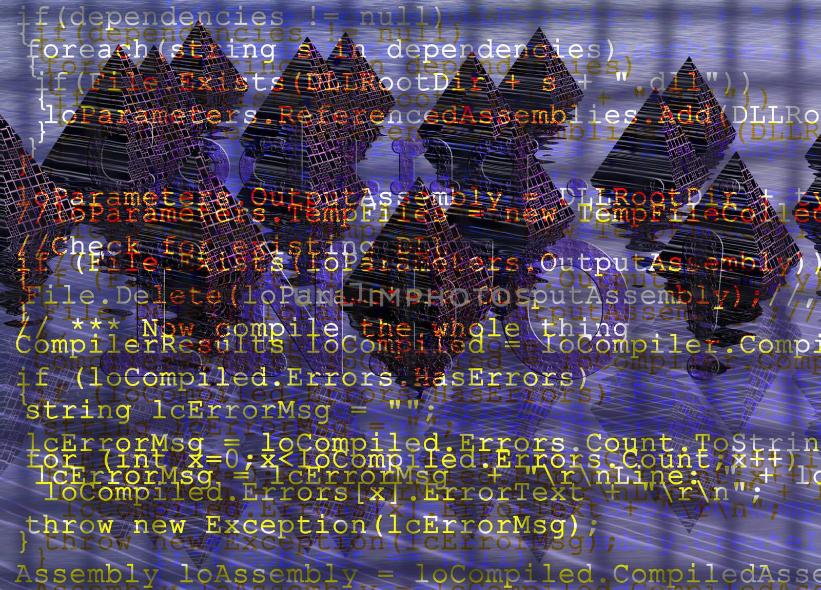 Programming Code With Grid on Digital Fantasy Pyramids Backgroun by bobbigmac