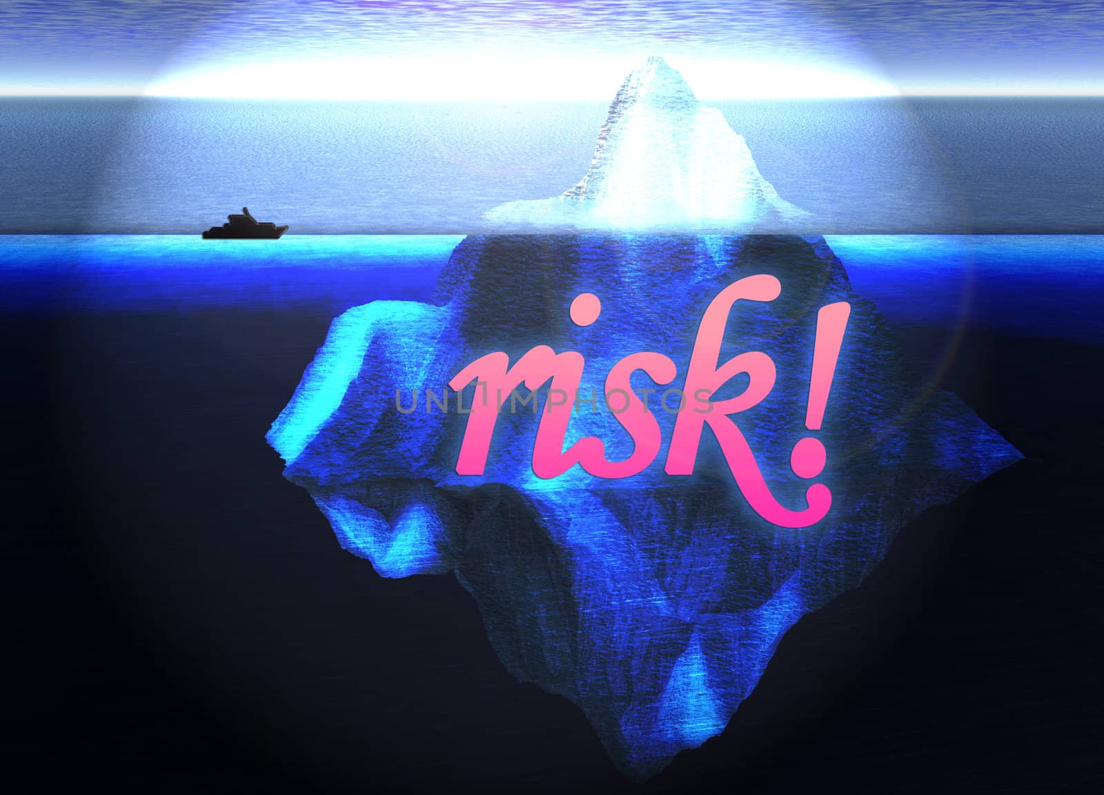 Floating Iceberg in the Open Ocean with Small Boat and Risk Text Nearby Illustration