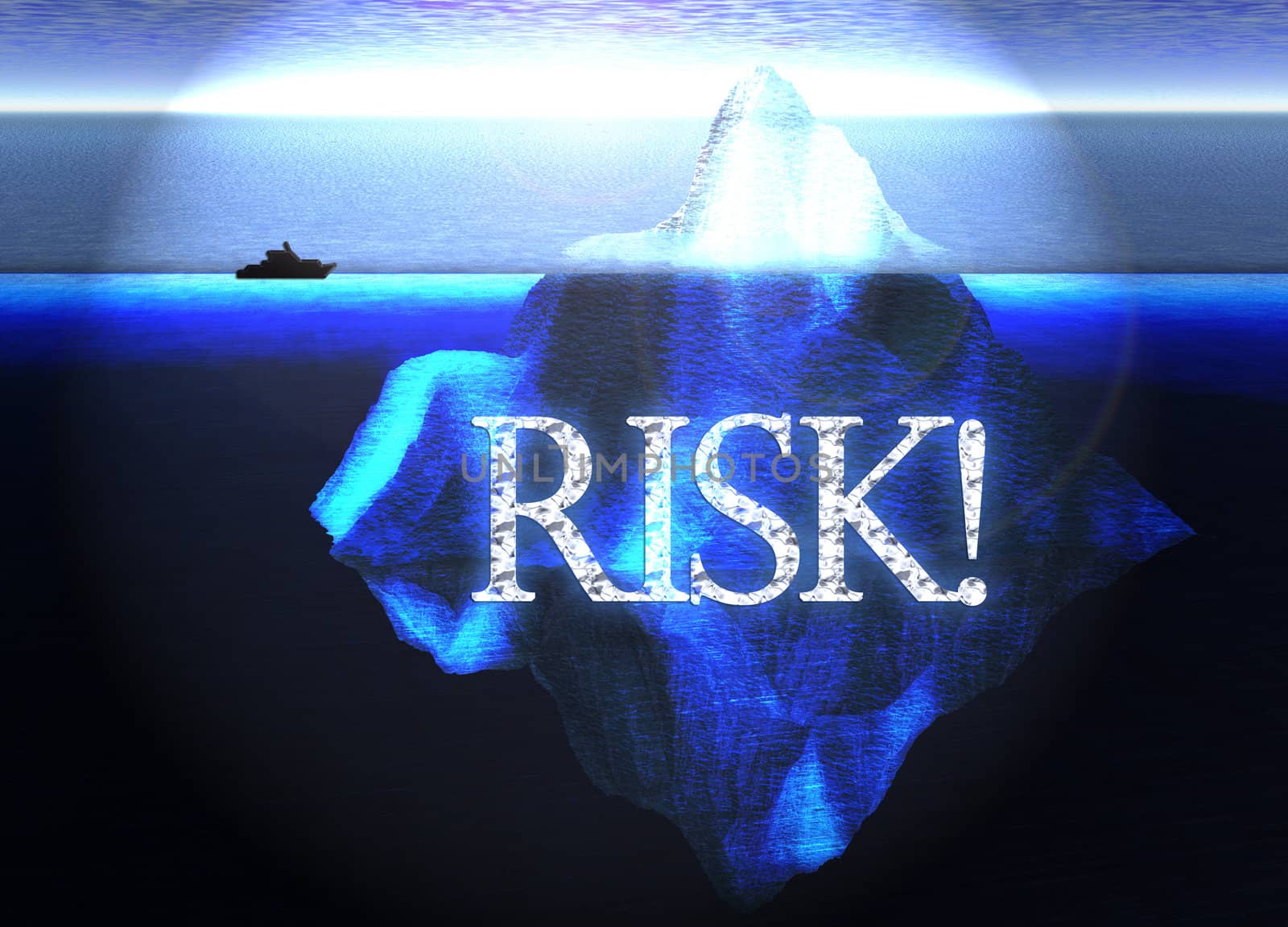 Floating Iceberg in the Open Ocean with Small Boat and Risk Text by bobbigmac