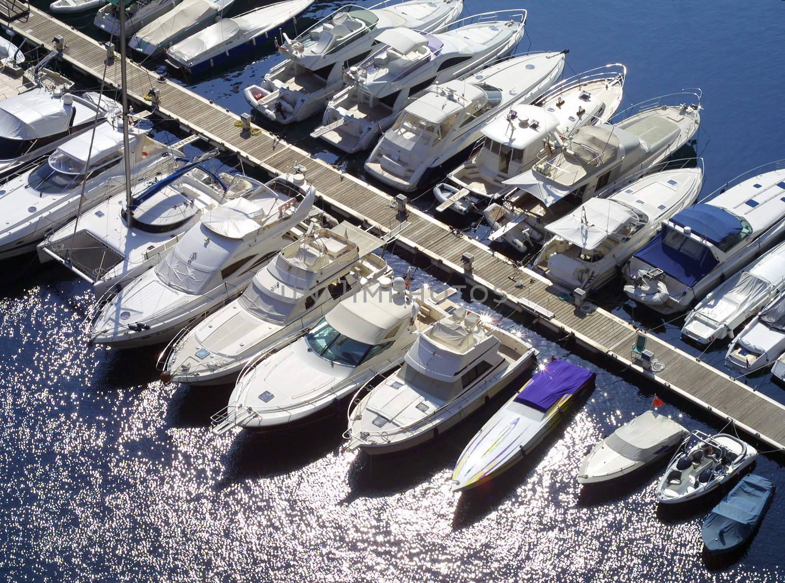 Arial view of boats moored on Monaco jetty