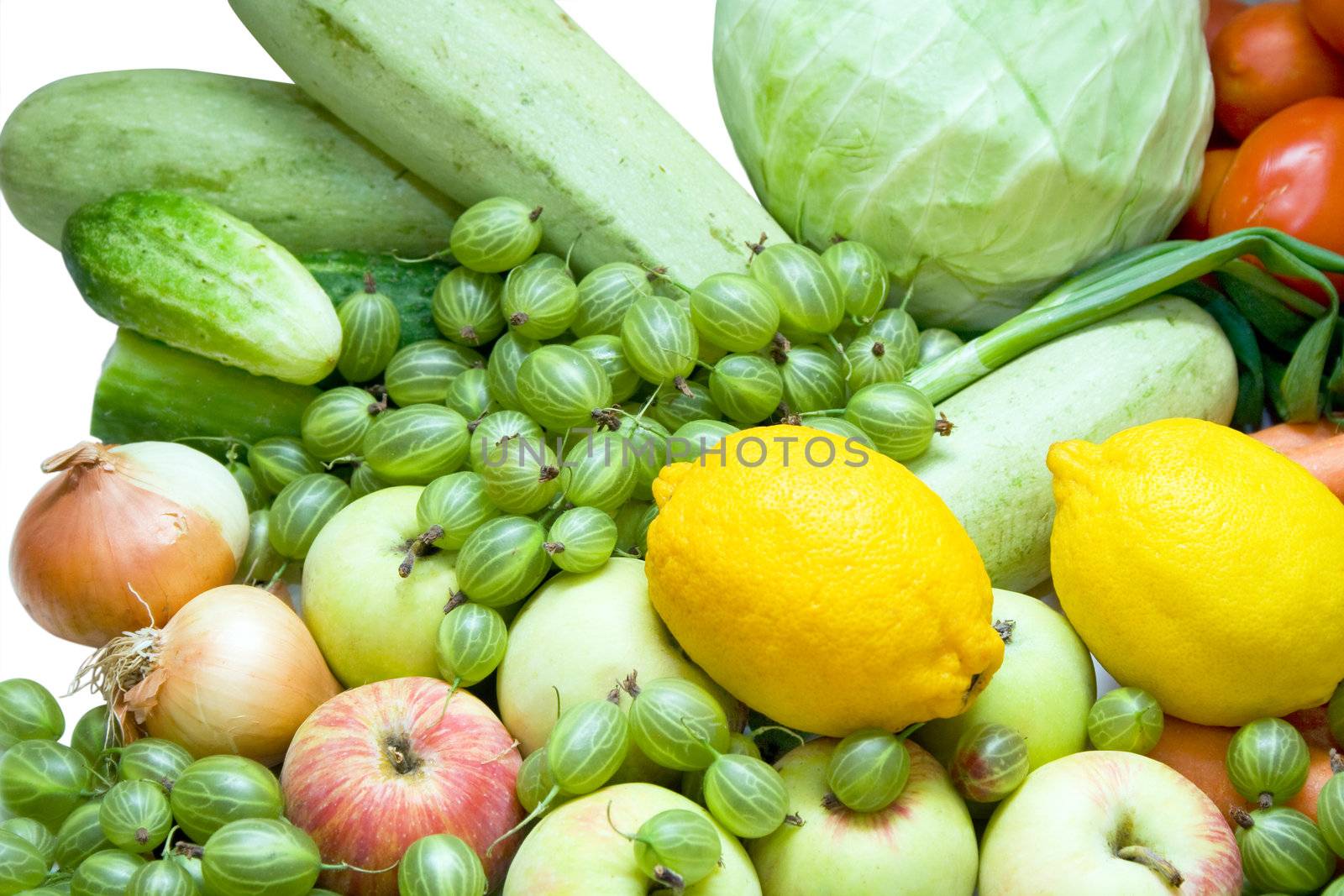 different types of natural food on white