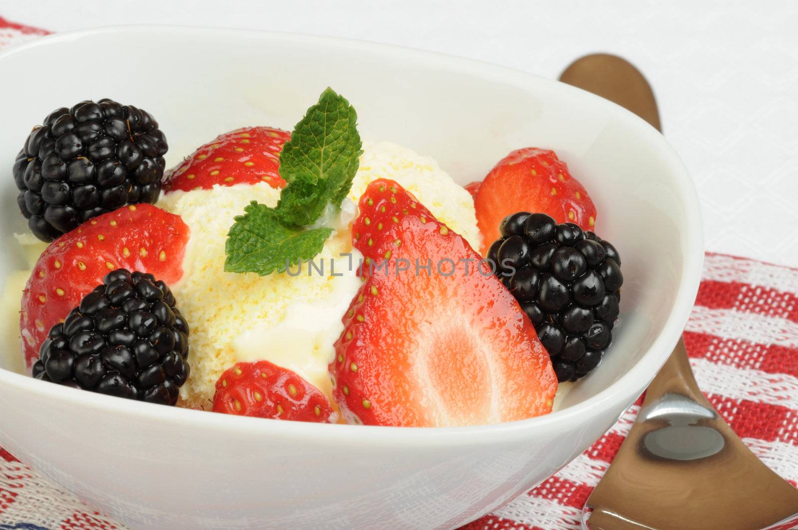 Bowl of fresh berries served over vanilla ice cream.