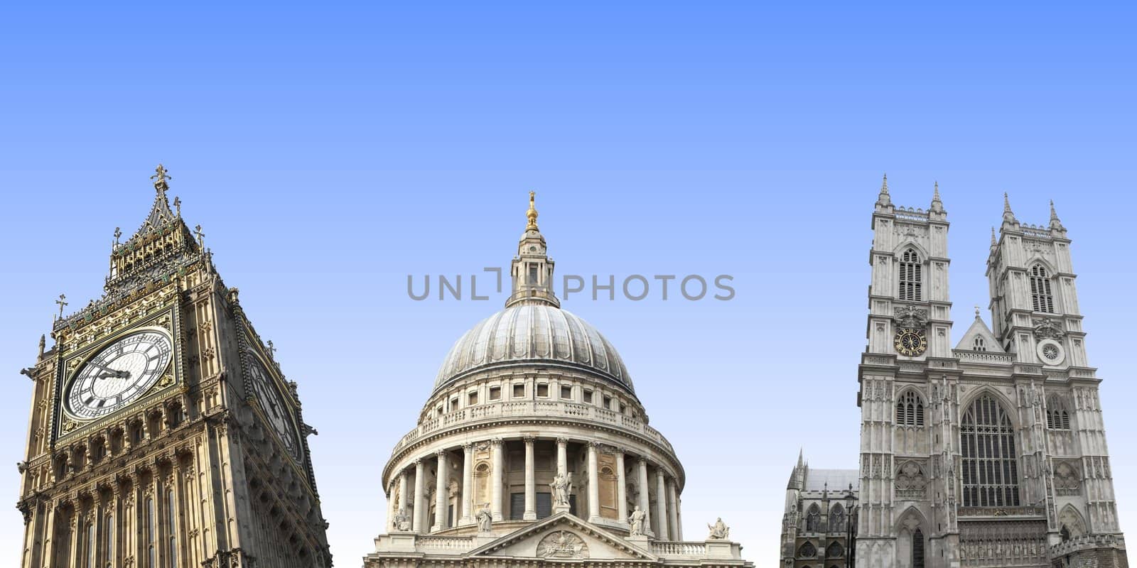 London landmarks over blue sky: Big Ben, St Paul's Cathedral, Westminster Abbey