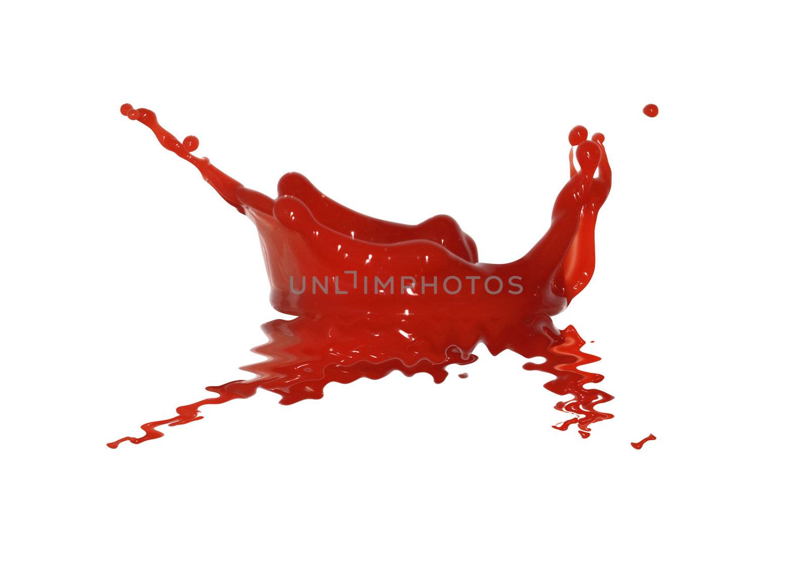 Closeup of splashing ketchup isolated on white background with clipping path. It may be used as blood