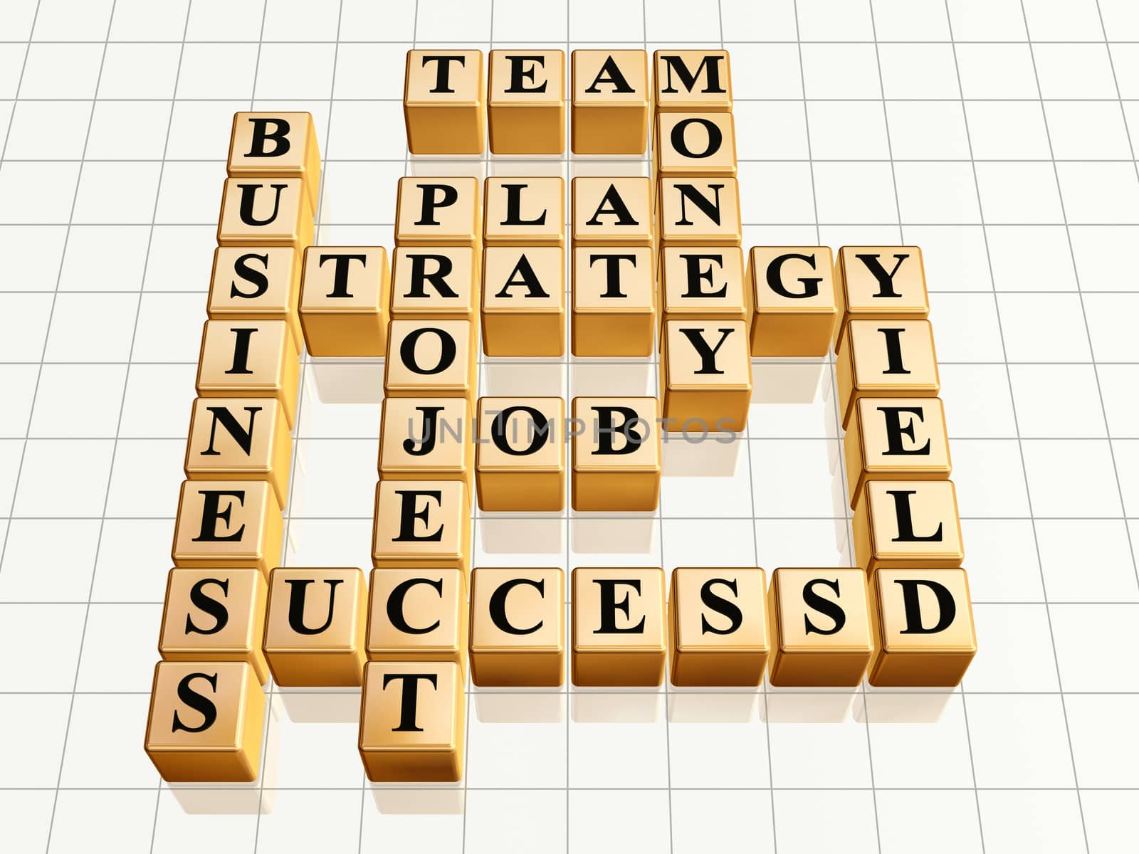 3d golden cubes like crossword - business, success, strategy, project, plan, job, team, money, yield