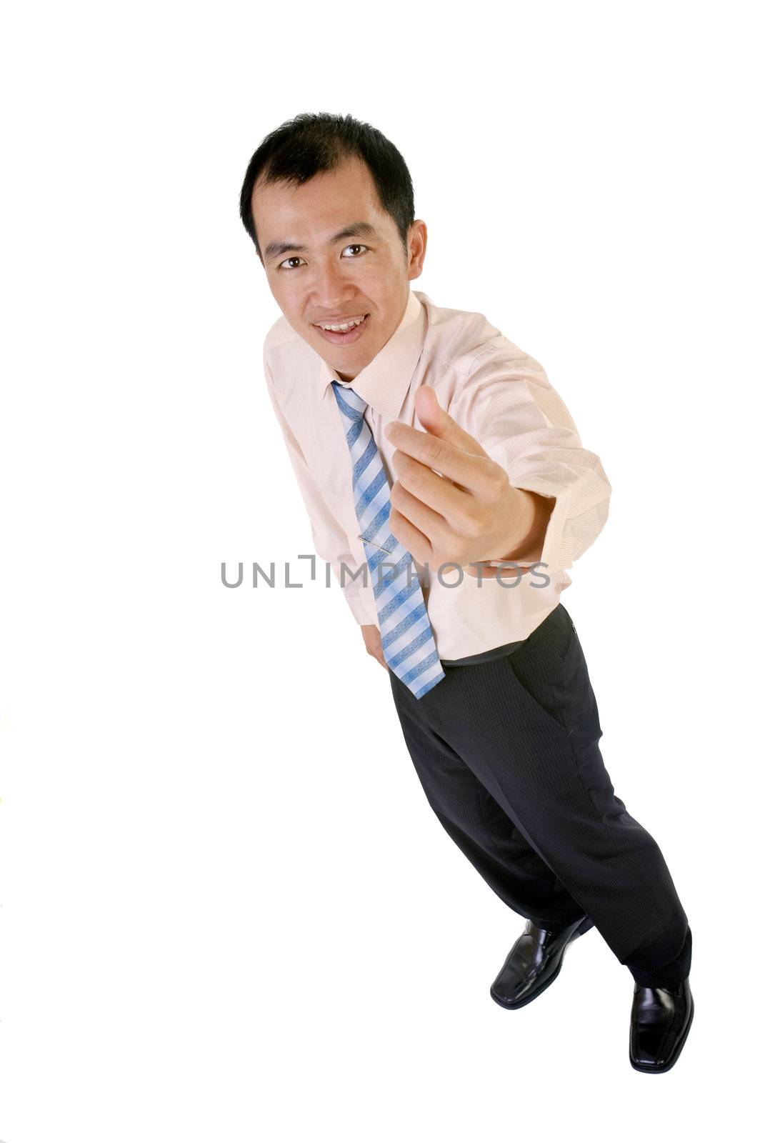 Smiling Asian businessman portrait with gesture standing on white background.