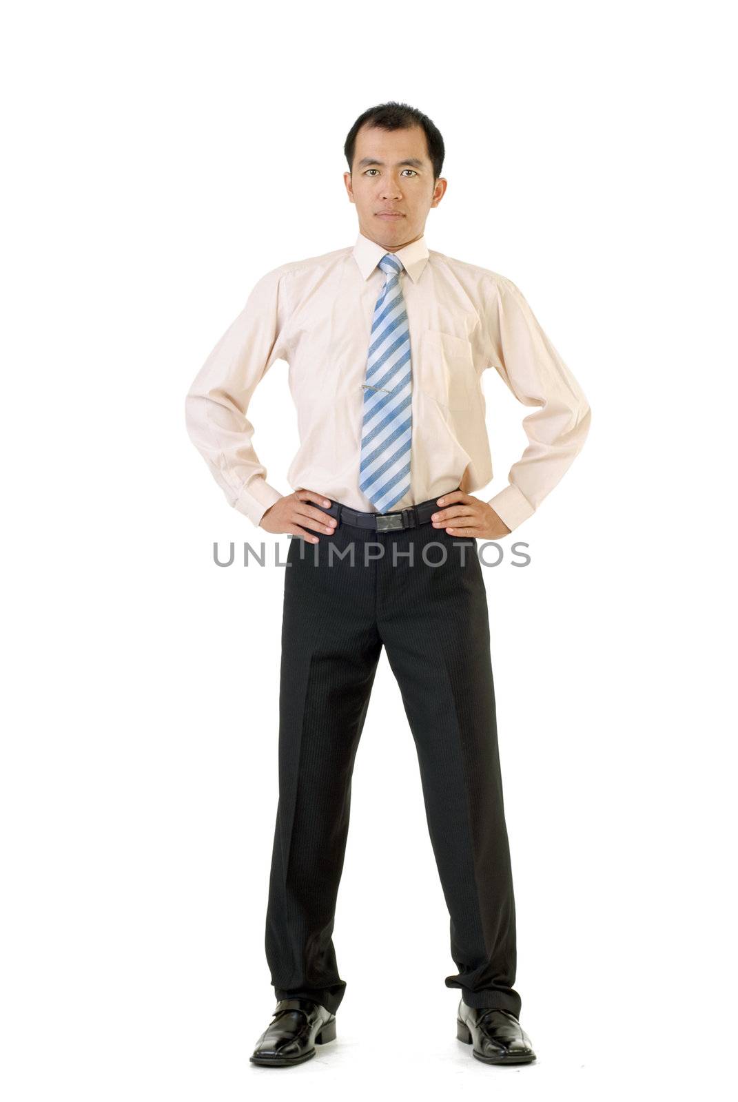 Asian business man standing, isolated on white background.