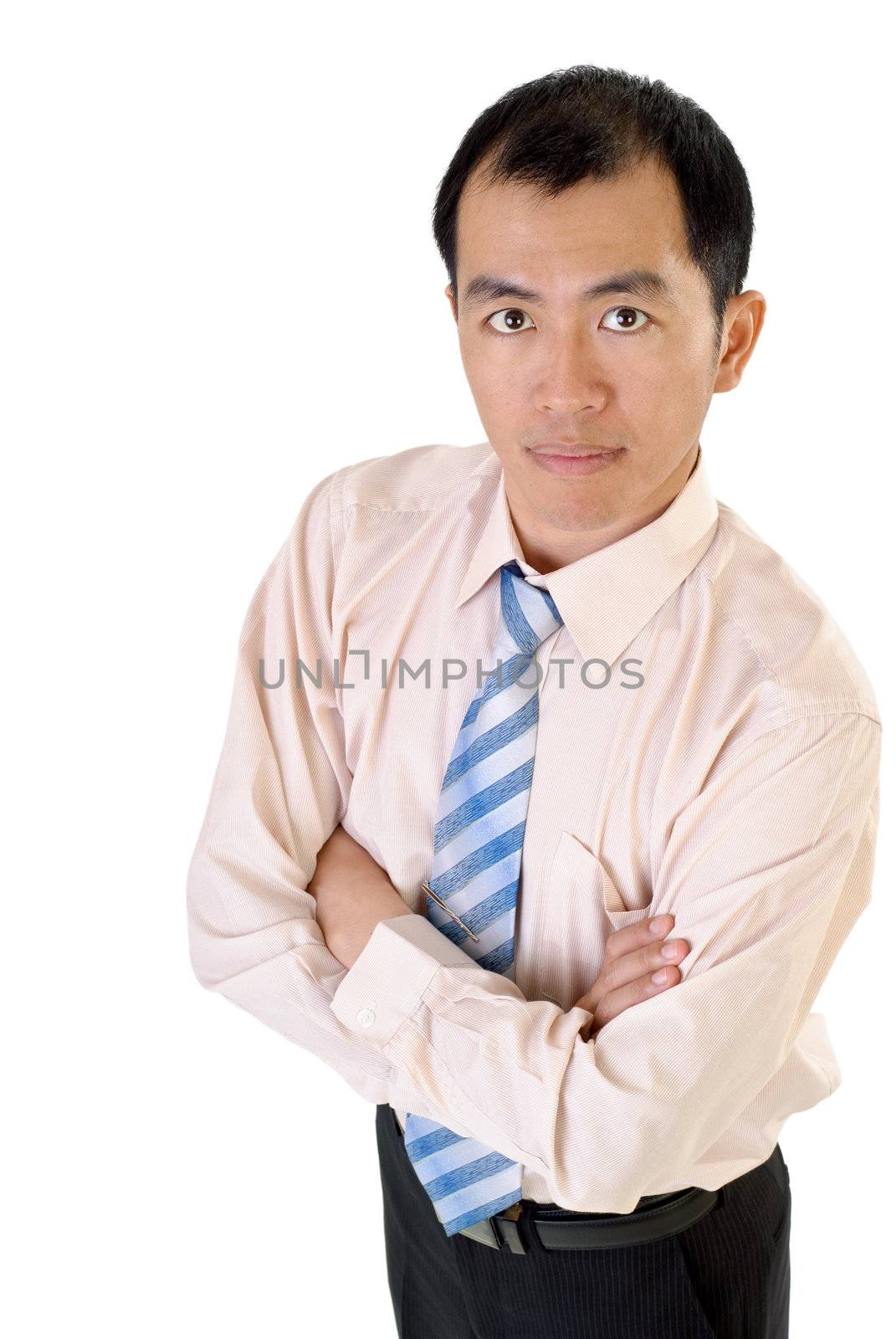 Asian businessman with confident expression stand on white background.