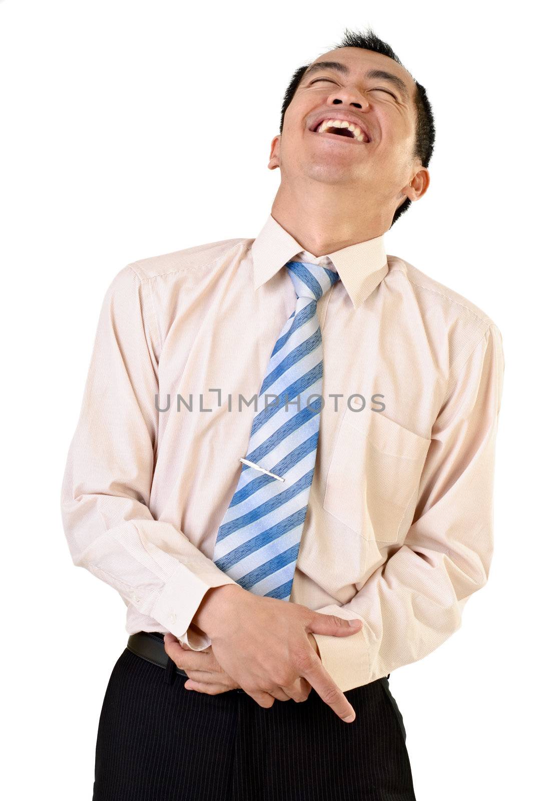 Happy businessman of Asian laughing on white background.