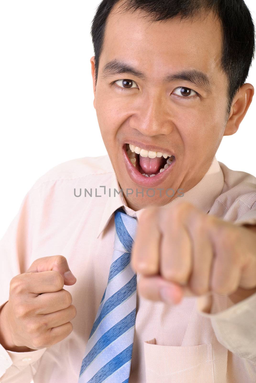 Businessman fighting by fist on white background.