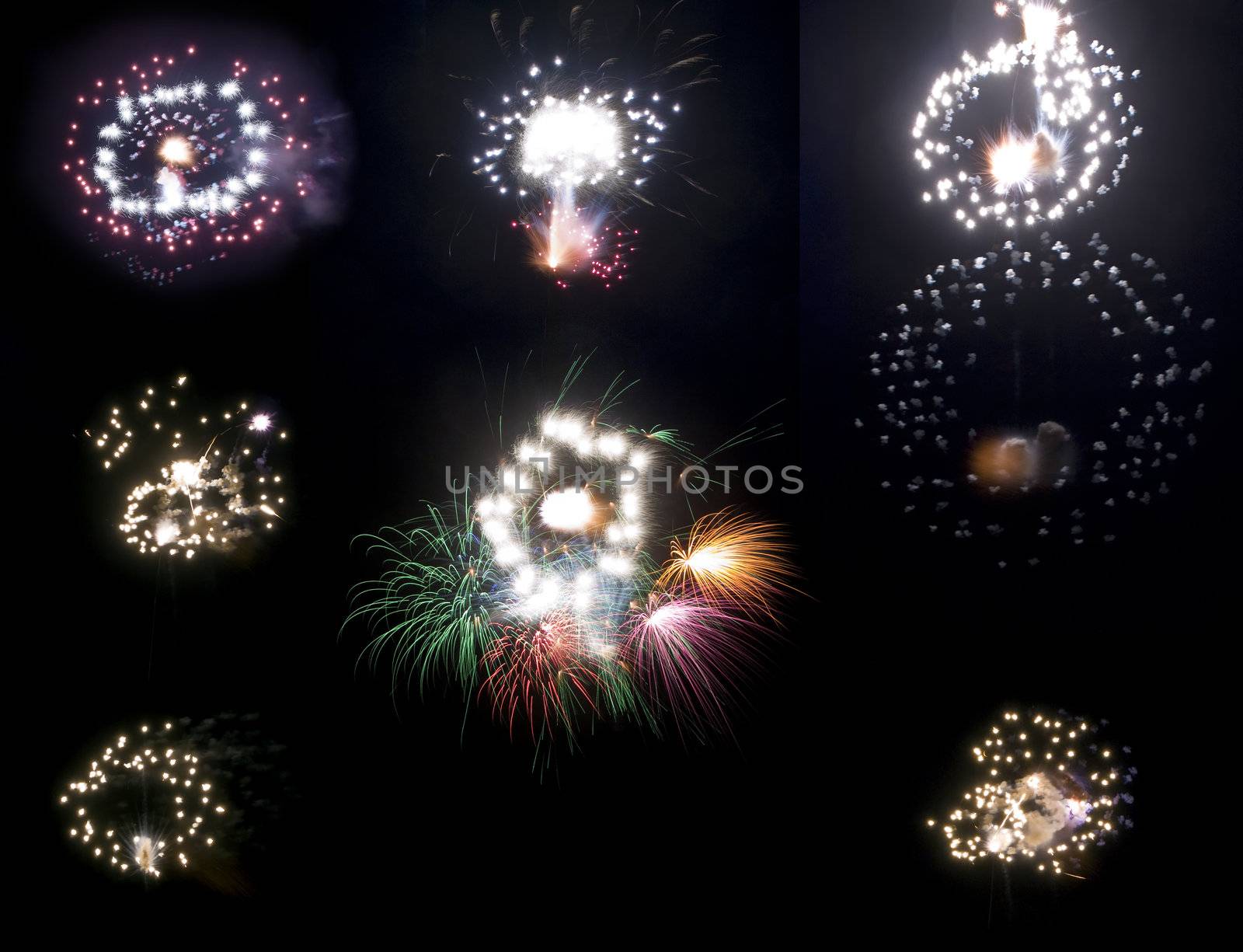 Template including various types of fireworks over a black background