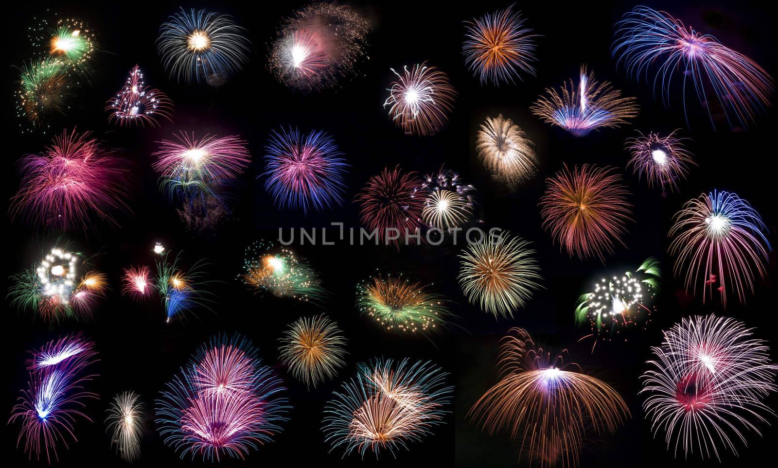 Template including various types of fireworks over a black background