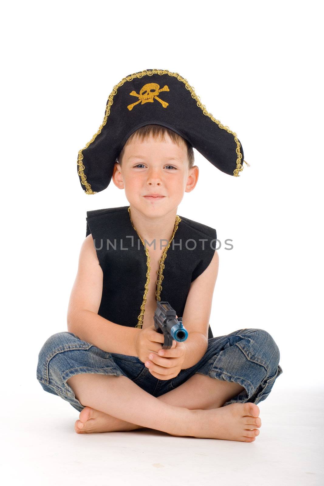 Sitting pirate boy on isolated white background