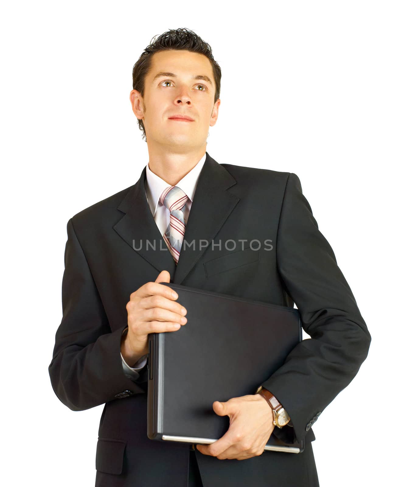 Businessman outside with laptop (notebook). Isolated on white.