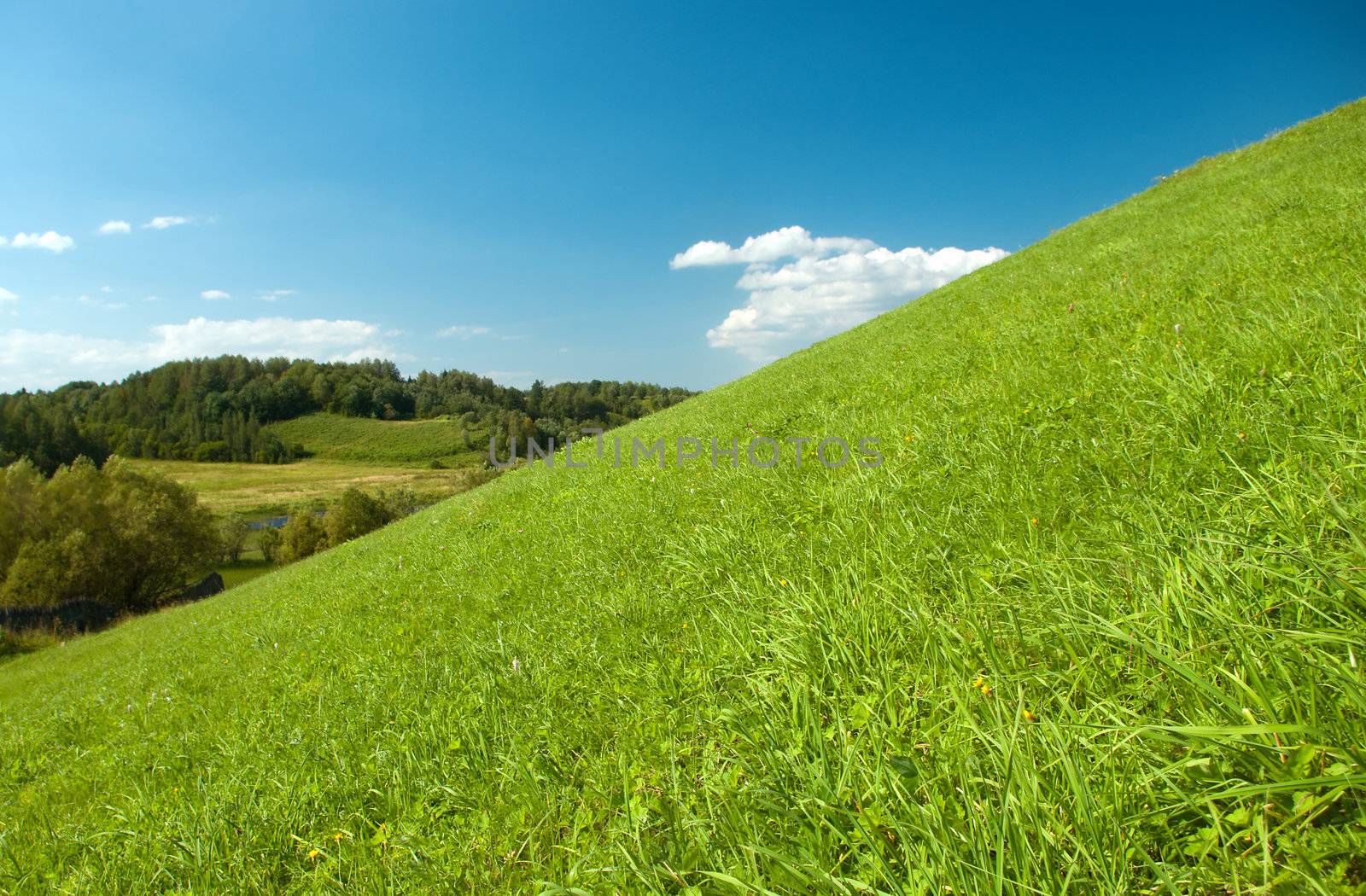 Emerald hill on a background of the blue sky. Dream of summer.