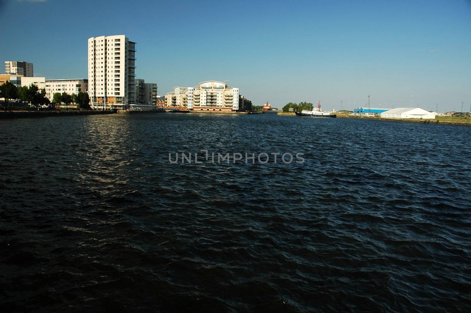 cardiff bay with white high building, horizontally framed shot