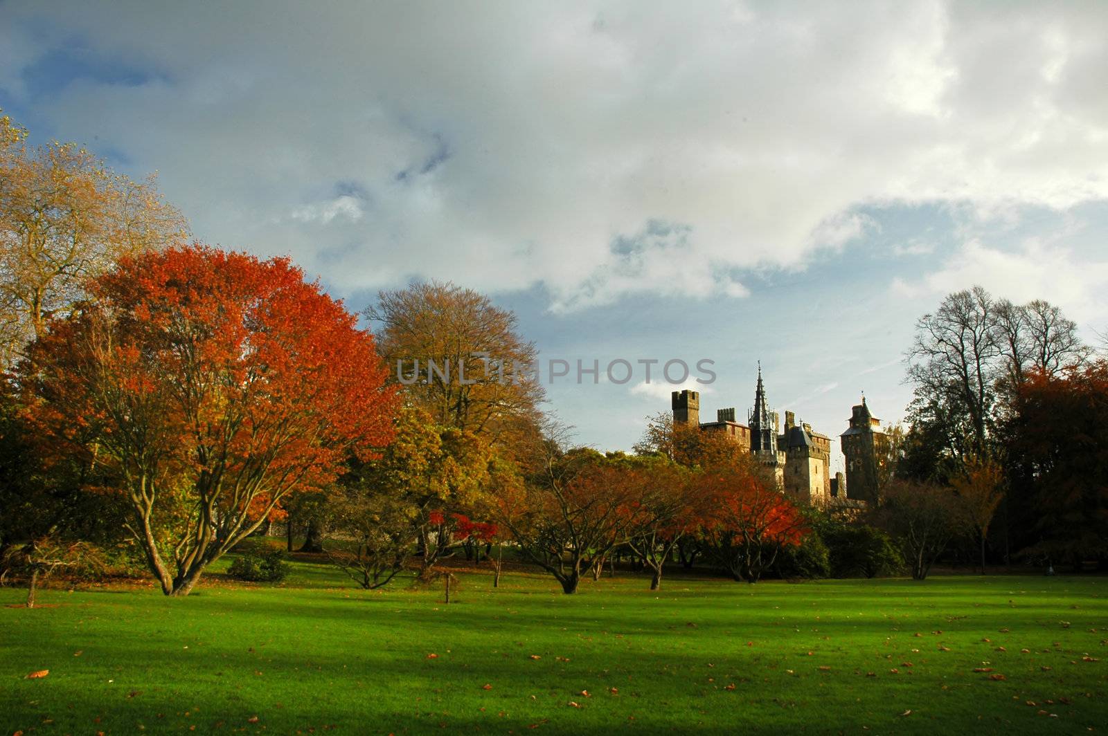 Bute park in cardiff with castle and autumn colours