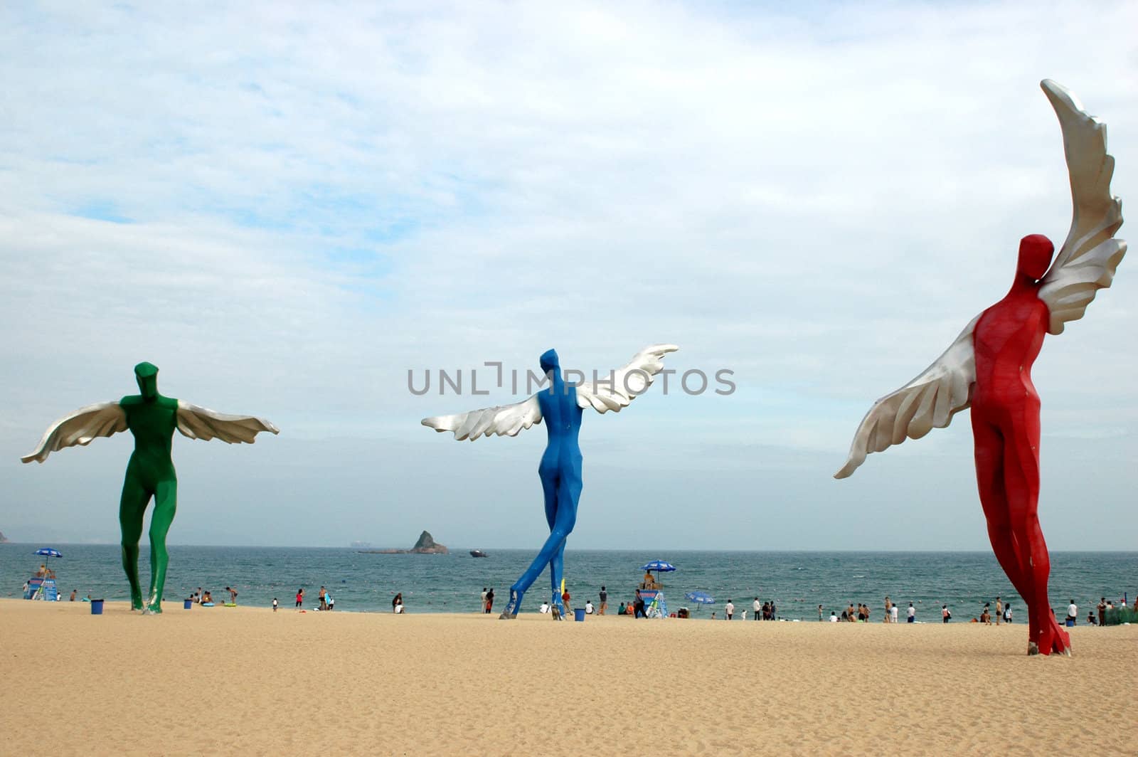 South China Sea, beach at DaMeiSha near Shenzhen city in Guangdong province. Place decorated by big angels sculptures.