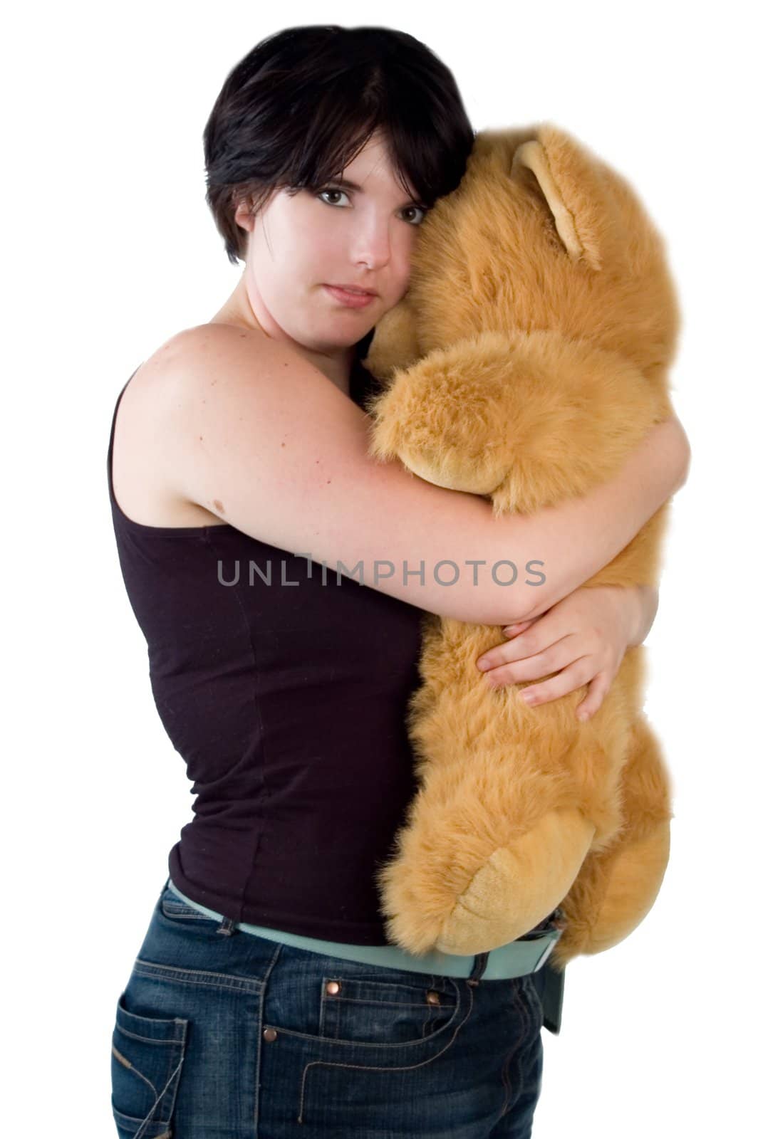young pretty woman cuddling with teddybear