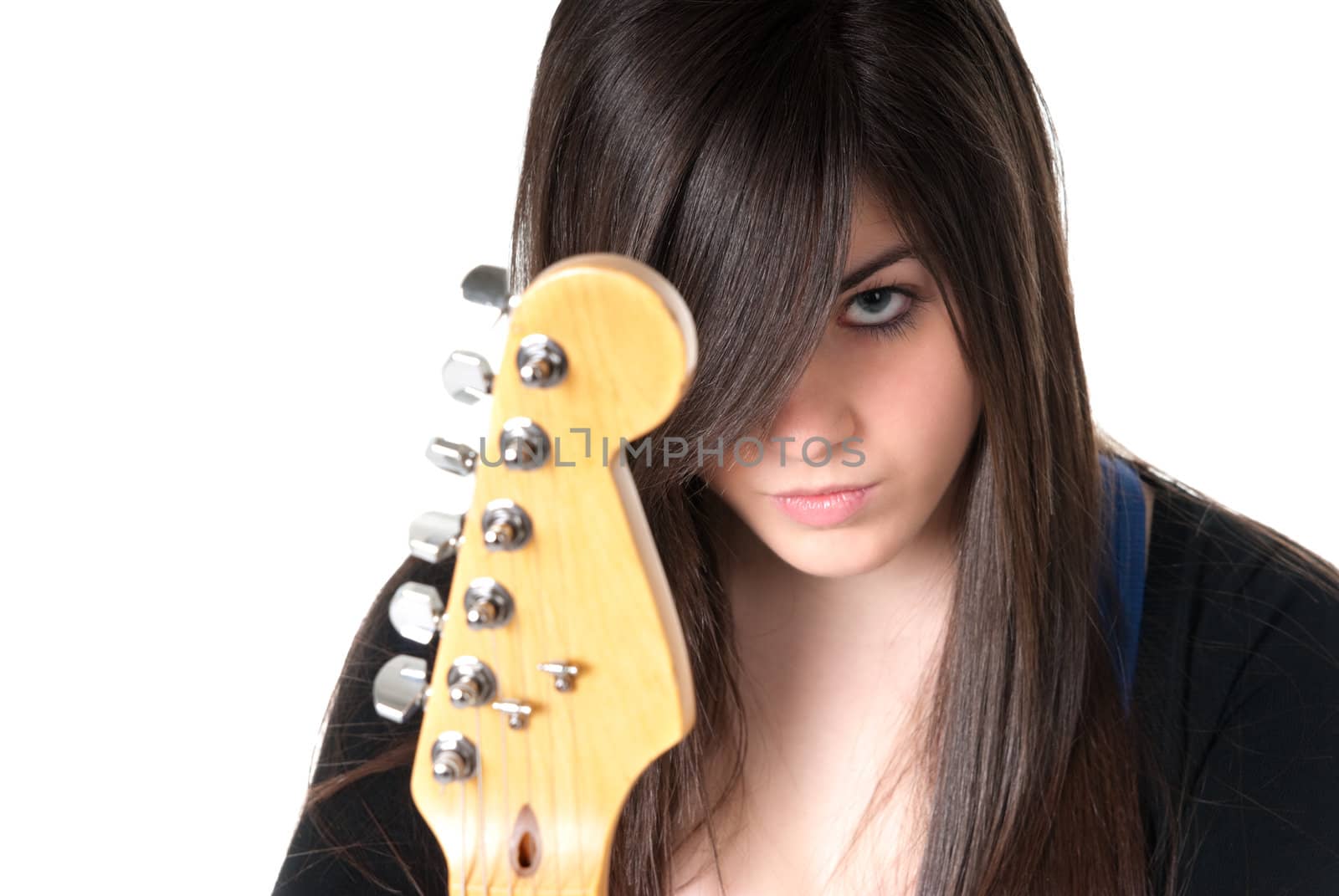 Young female with guitar isolated. by dgmata