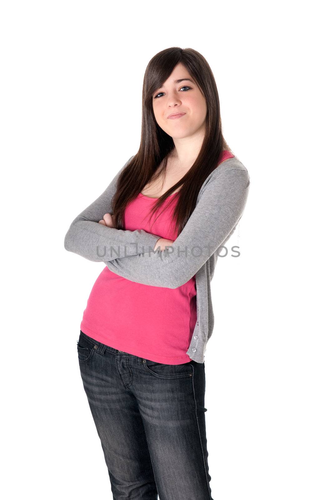 Young adult teen satisfied on white background. 