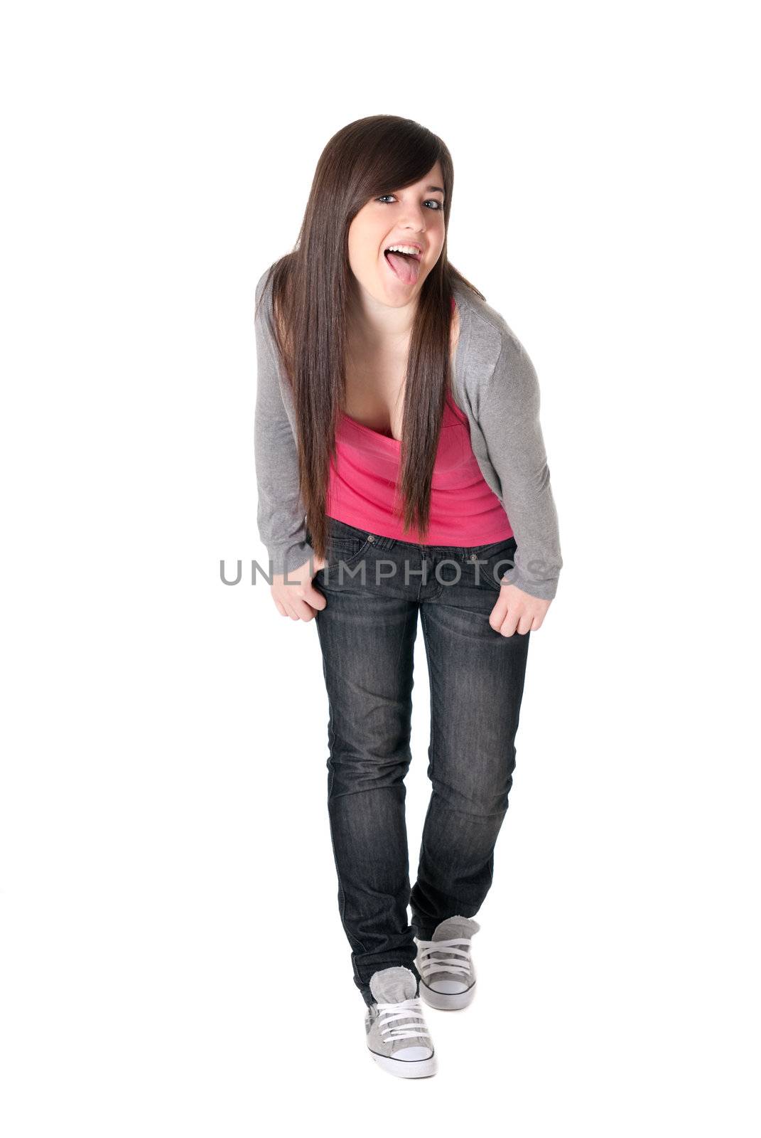 Young adult teen razz cheerful on white background. 