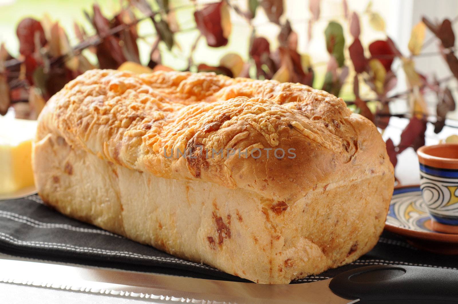 Whole loaf of fresh homemade cheese bread.
