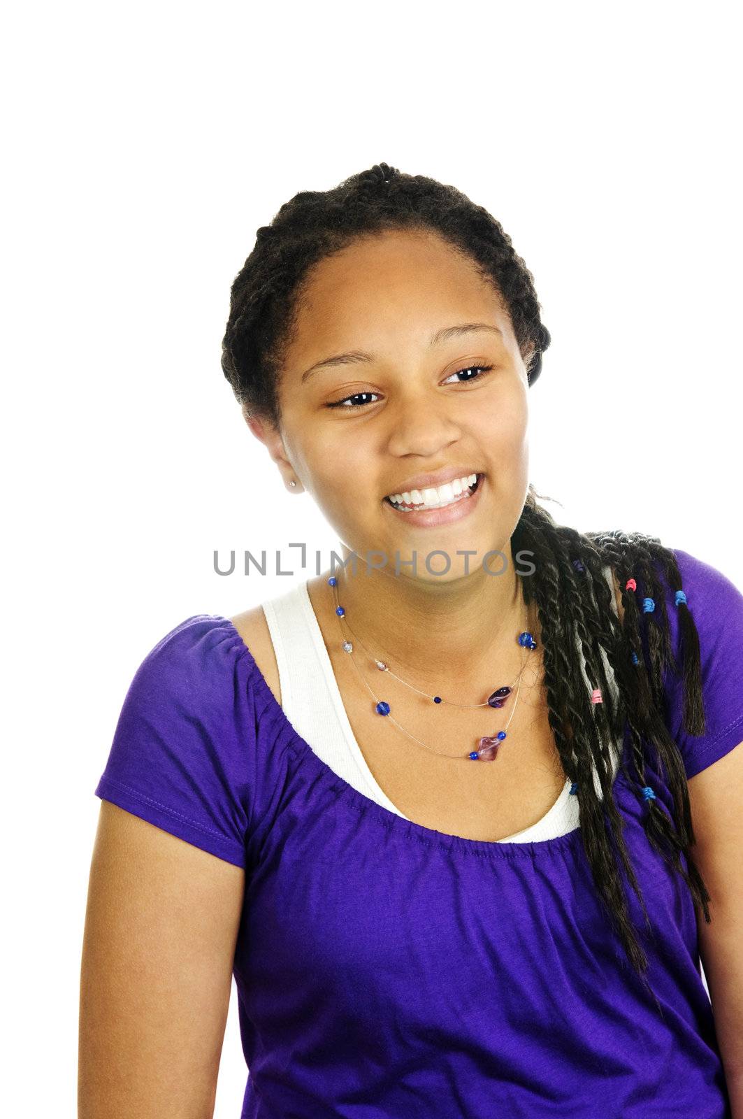 Isolated portrait of beautiful black teenage girl laughing