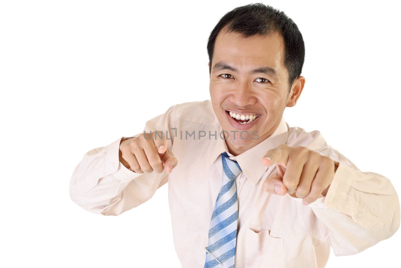 Point by Asian businessman with fingers on white background.