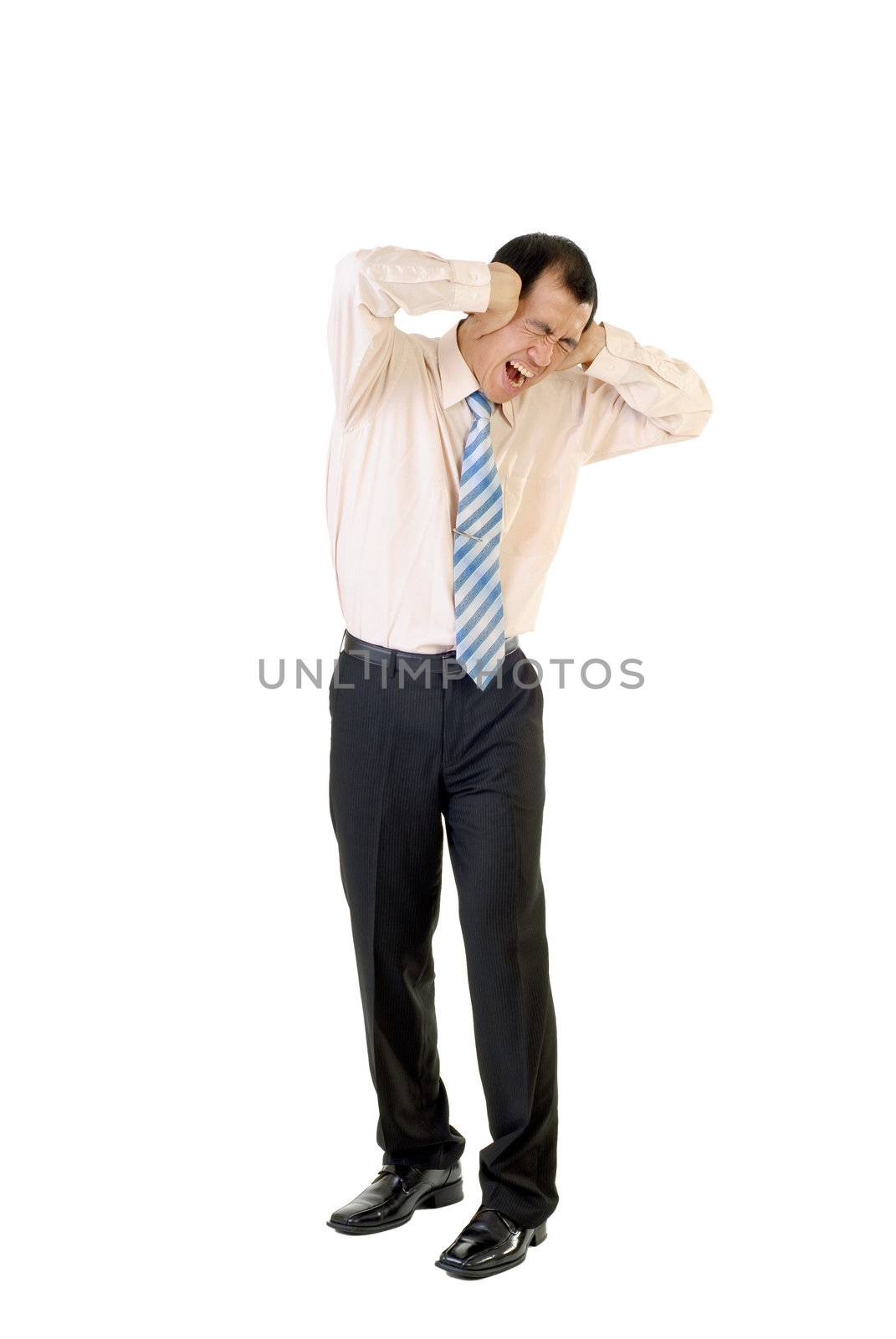Unhappy businessman of Asian under stress standing on white background.