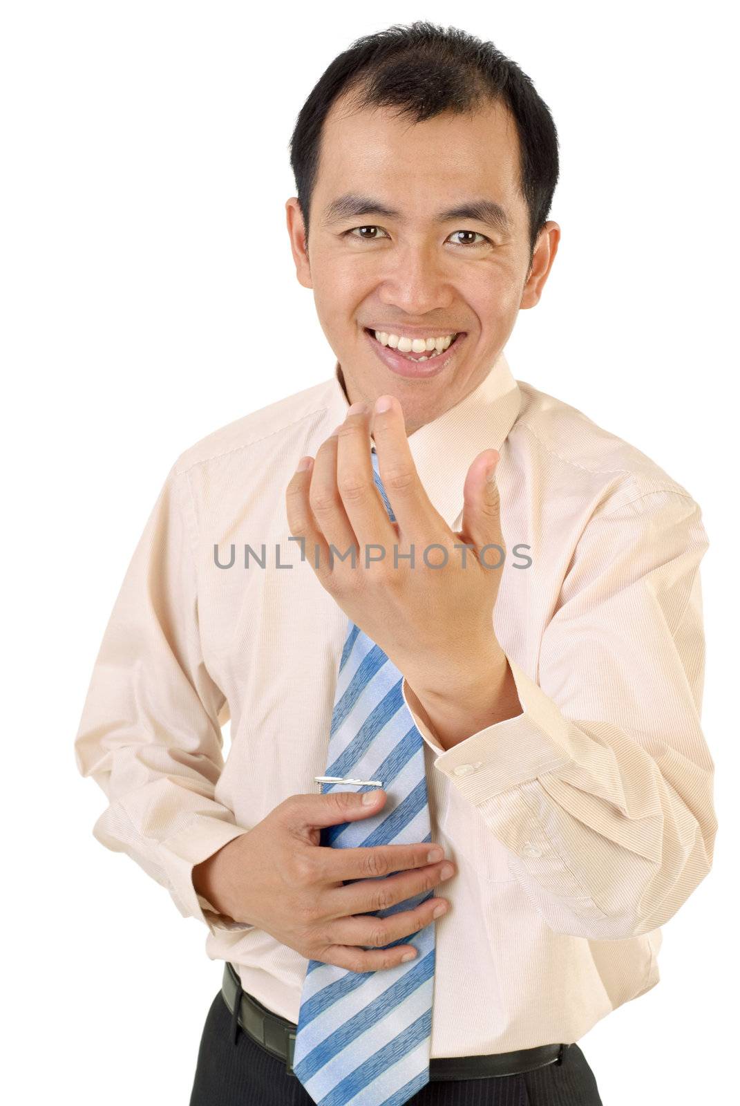 Kindly businessman show come gesture and smiling to viewer on white background.