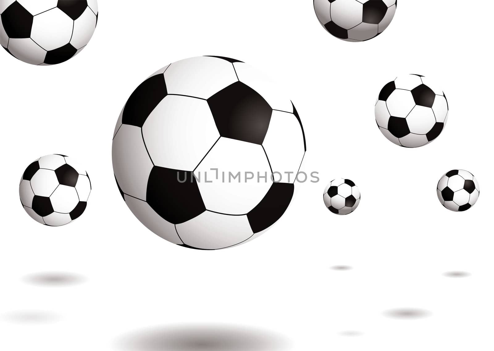 Collection of footballs bouncing on a plain white background