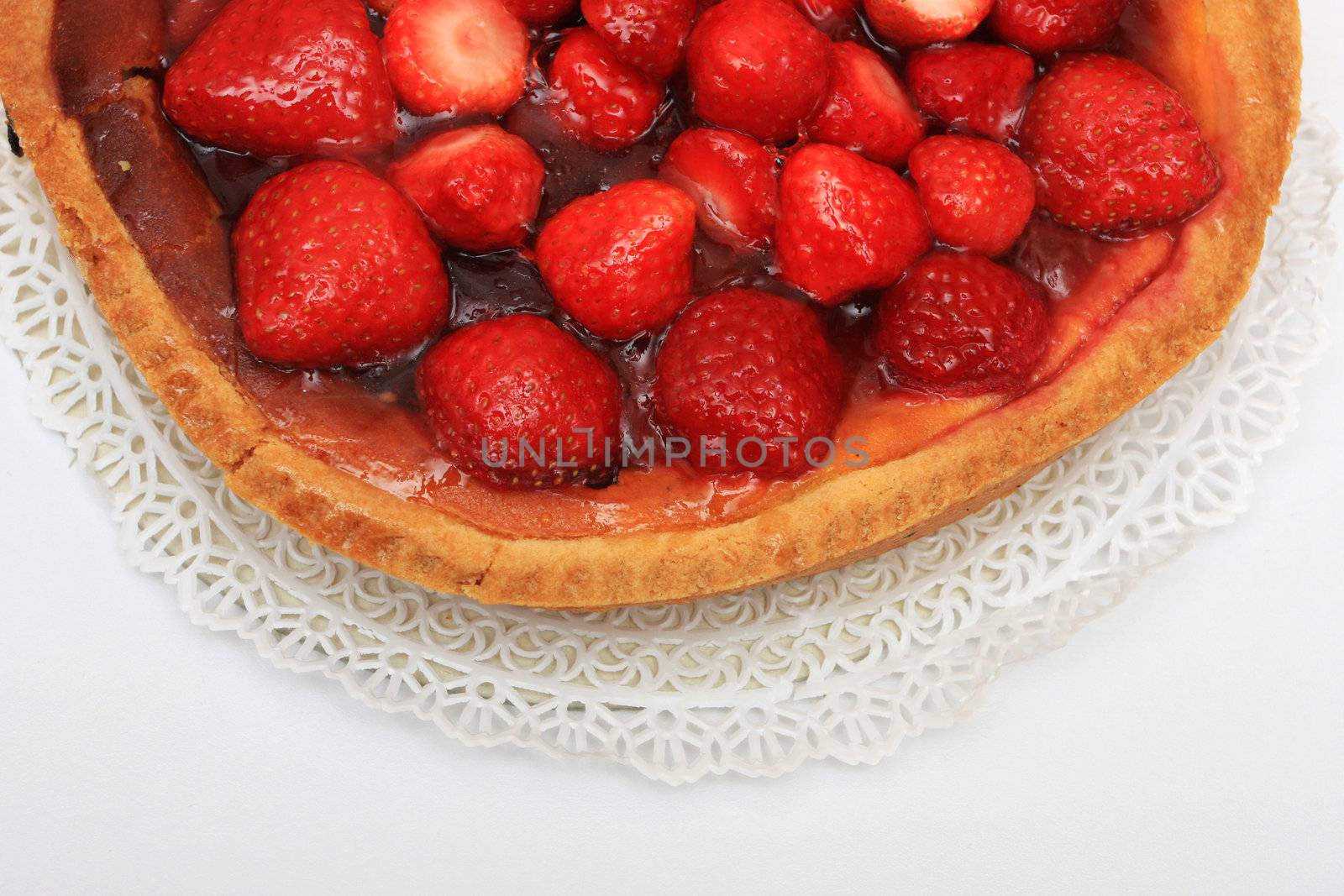Fresh strawberry cake shot from above, high detail