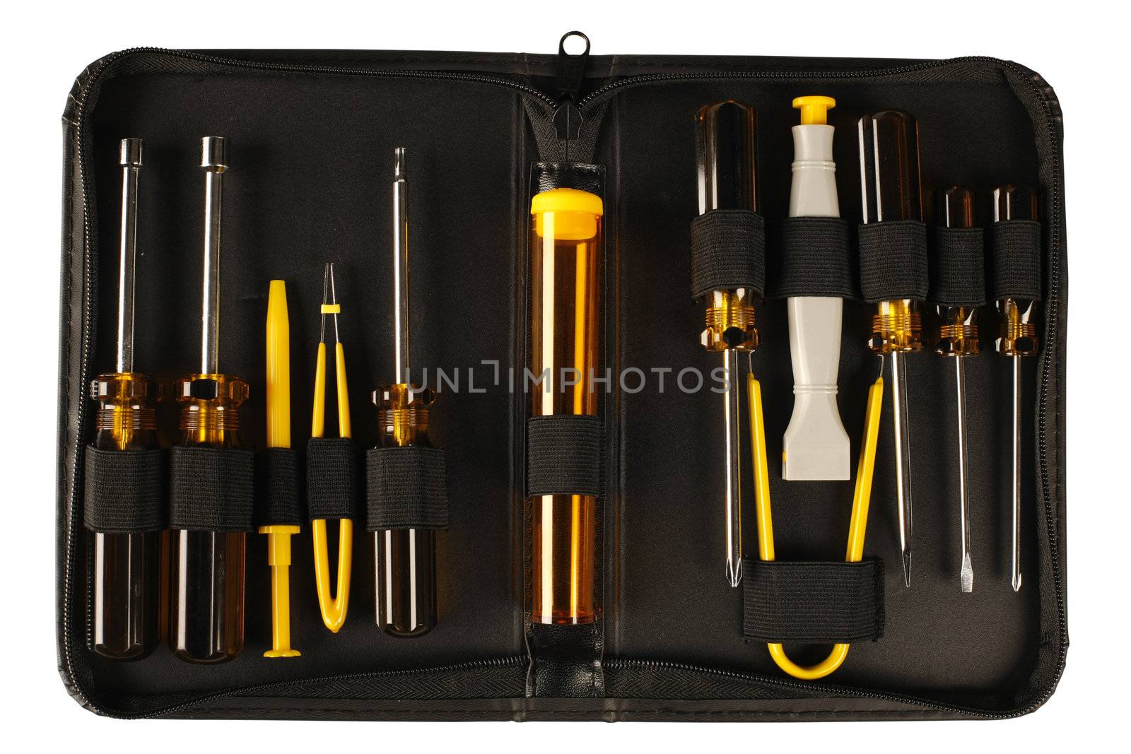 A open tool kit, with screwdrivers and pliers and other items, isolated on white with clipping paths