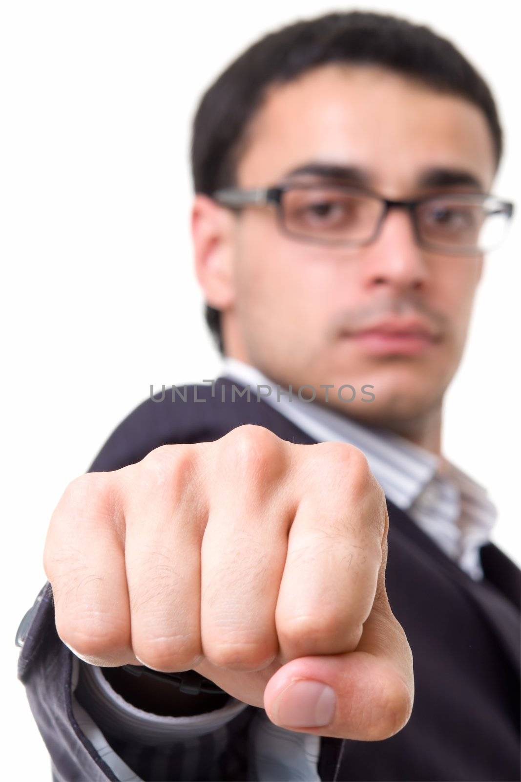 Fist close up. The businessman on a white background